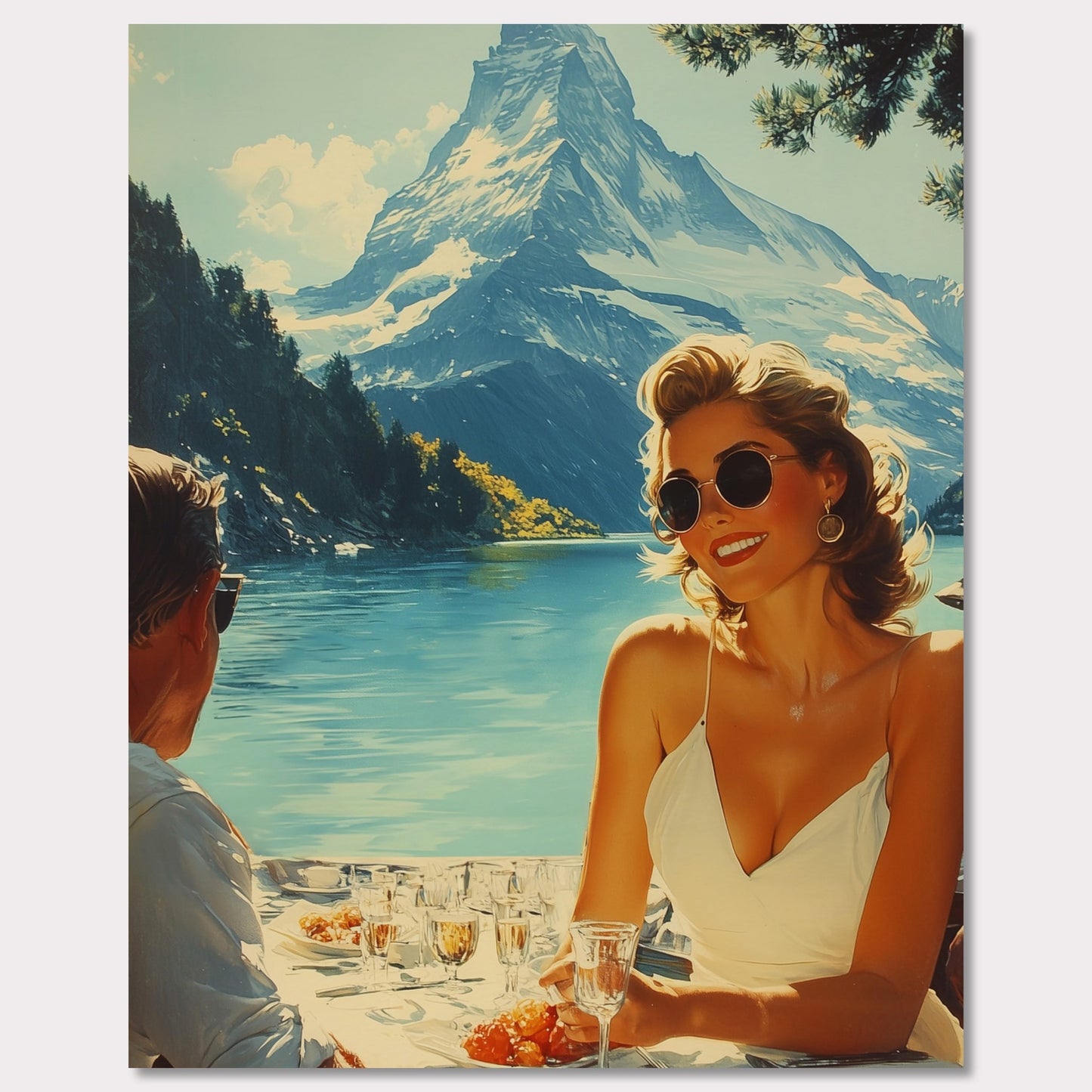 This illustration depicts a scenic outdoor dining setting by a lake with snowy mountains in the background. A woman in sunglasses and a white dress is smiling while holding a glass, and a man is sitting across from her.