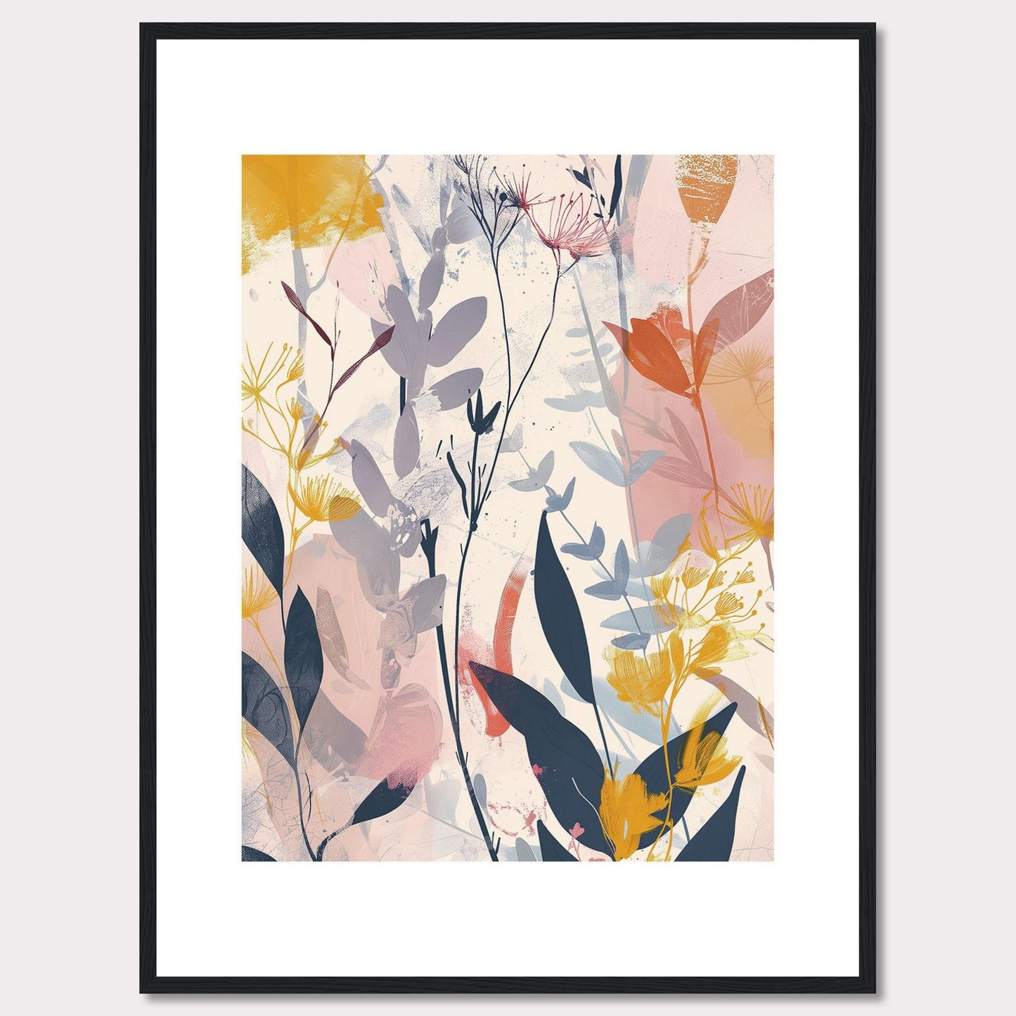 This image showcases a beautiful abstract botanical art print. It features a blend of soft and vibrant colors, depicting various plant forms and leaves.