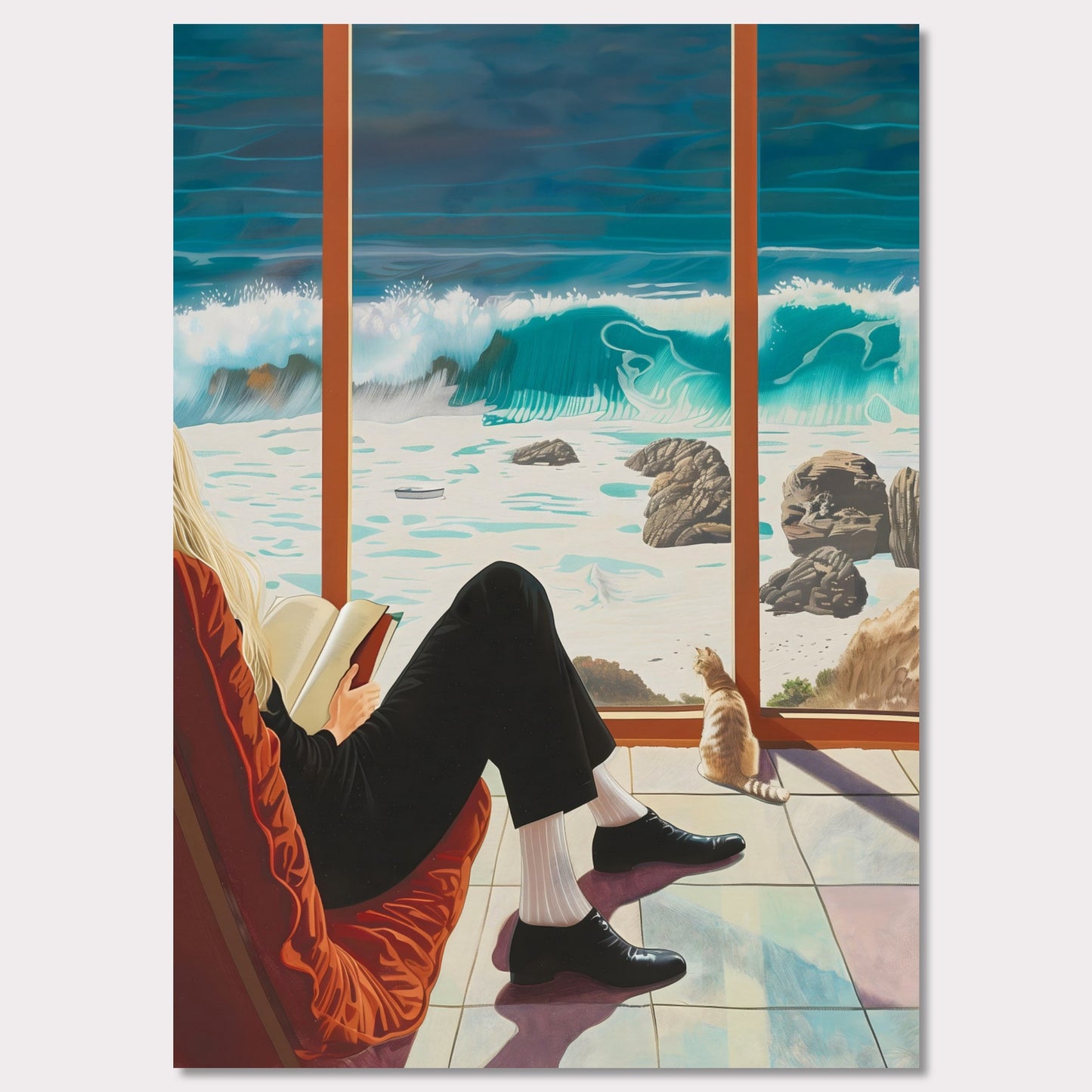 This captivating artwork depicts a serene scene where a person is sitting comfortably by a large window, reading a book. Outside, the ocean waves crash against the rocky shore, creating a mesmerizing view. A cat sits by the window, also gazing at the beautiful seascape.