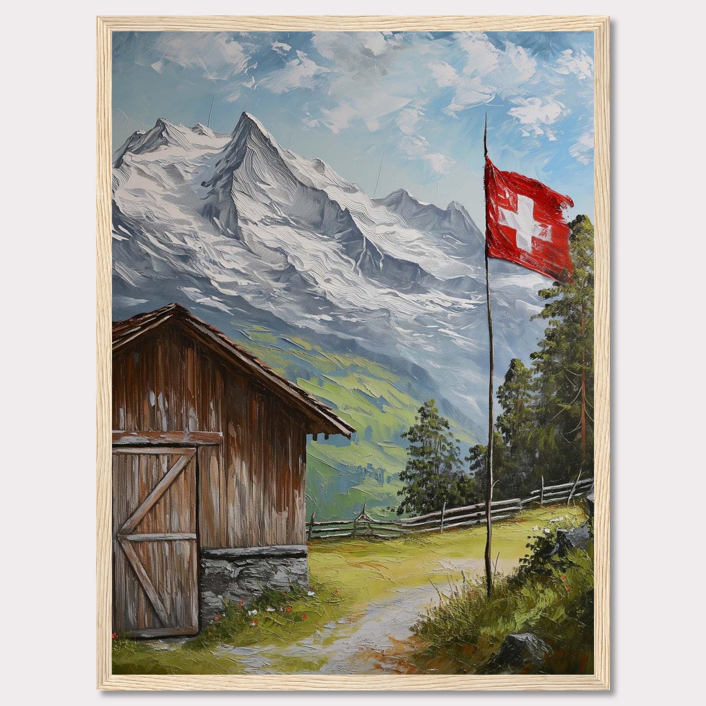 This image depicts a serene mountain scene with a rustic wooden cabin, a Swiss flag fluttering in the breeze, and majestic snow-capped peaks in the background. The lush greenery and clear blue sky add to the tranquil atmosphere.