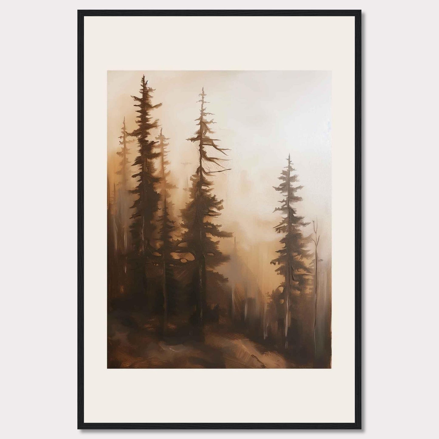 This captivating artwork features a serene forest scene enveloped in mist, evoking a sense of tranquility and mystery. The tall, slender trees stand majestically, their branches reaching out into the foggy atmosphere. The soft, warm hues create a calming ambiance, making it a perfect addition to any living space.