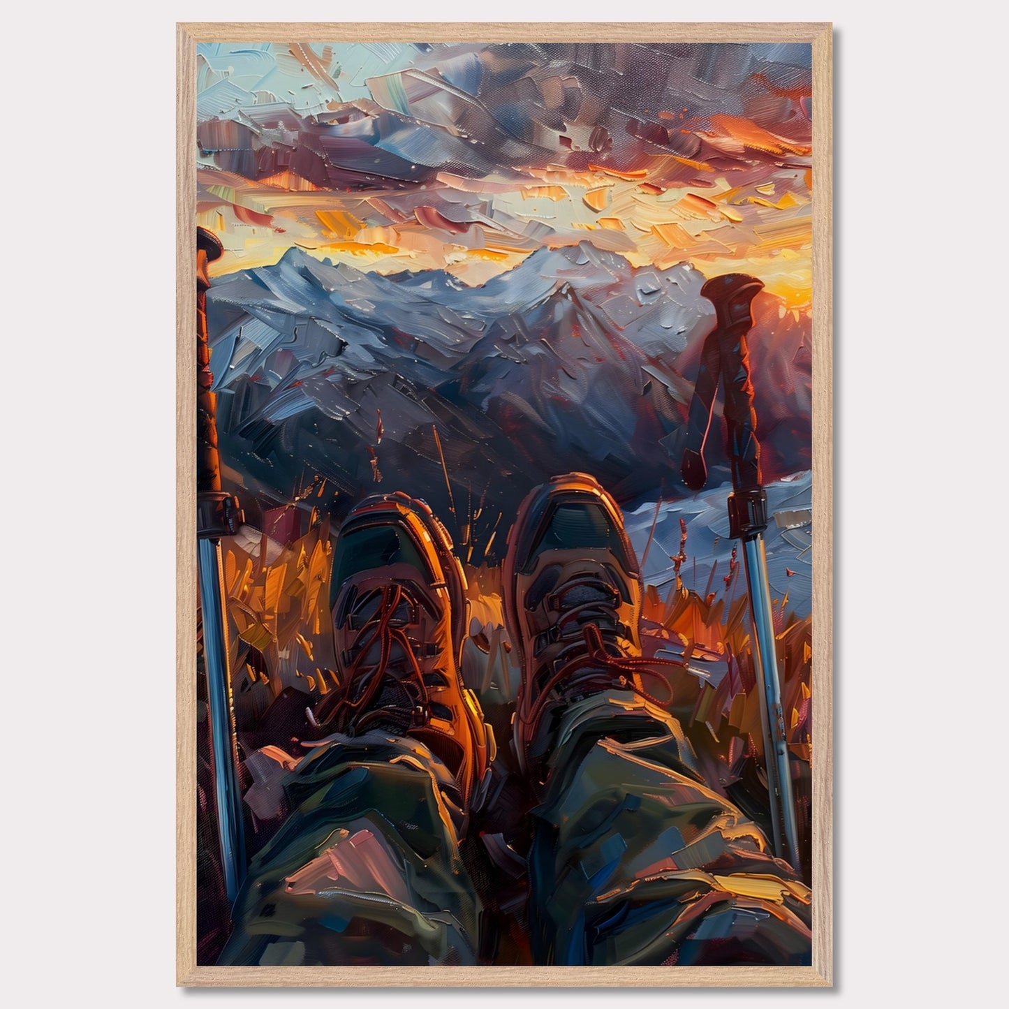 This illustration depicts a serene mountain landscape at sunset, viewed from the perspective of a hiker resting with their legs stretched out.