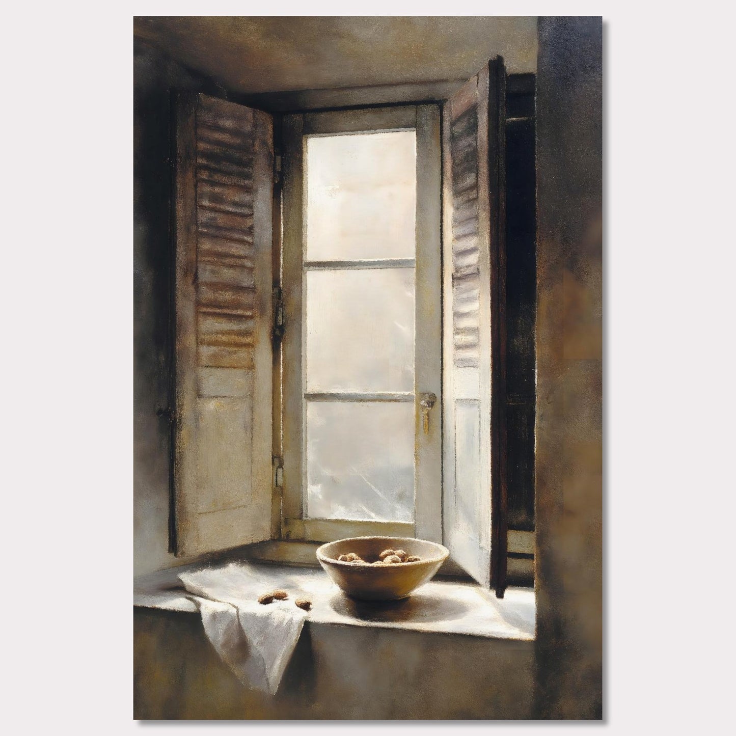 Golden light streams through an old shuttered window, catching the edge of a ceramic bowl filled with walnuts. A linen cloth rests gently nearby, suggesting quiet hands and slow mornings. This image is domestic poetry — a tribute to texture, stillness, and time.