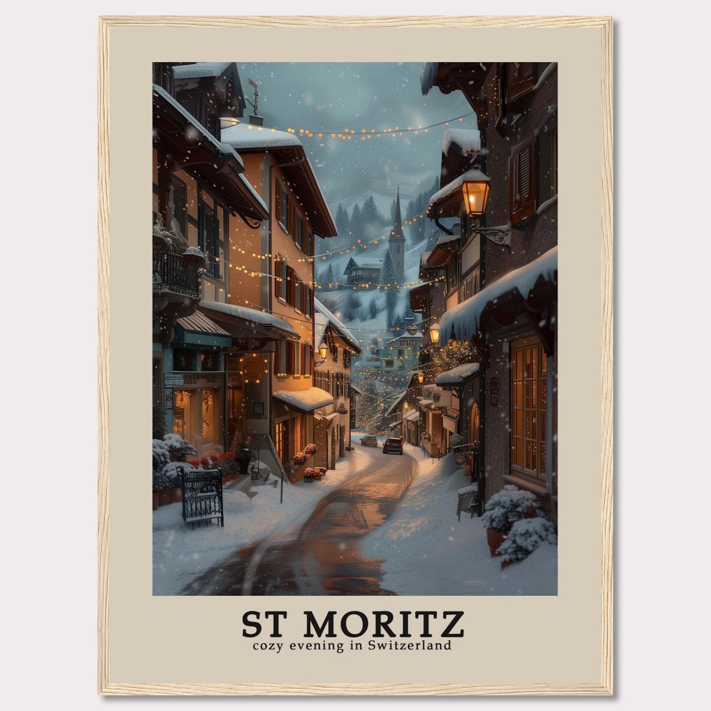 This photo showcases a charming winter evening in St. Moritz, Switzerland. The scene features snow-covered streets adorned with warm, glowing lights, quaint buildings with festive decorations, and a serene, picturesque ambiance.