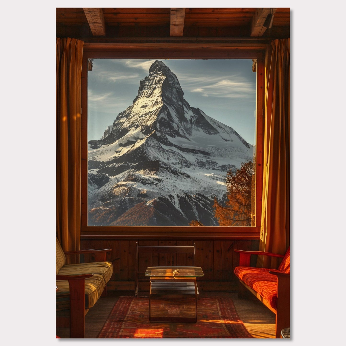 This stunning image captures a breathtaking view of a snow-capped mountain through a large window from a cozy wooden cabin. The warm interior contrasts beautifully with the majestic, cold mountain outside.