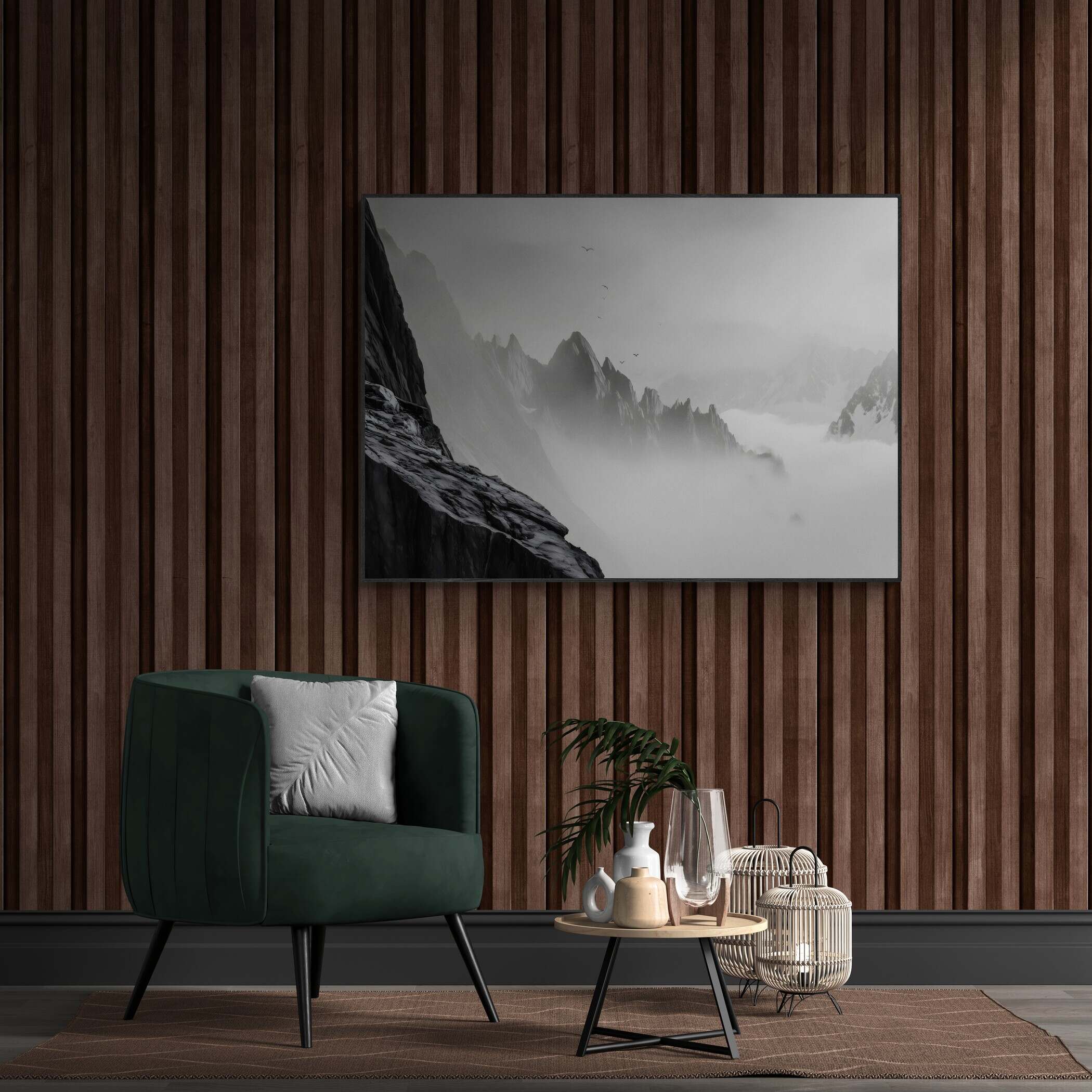 Above the Clouds – Alu-Dibond wall art displayed in a stylish interior with green chair and decorative elements.