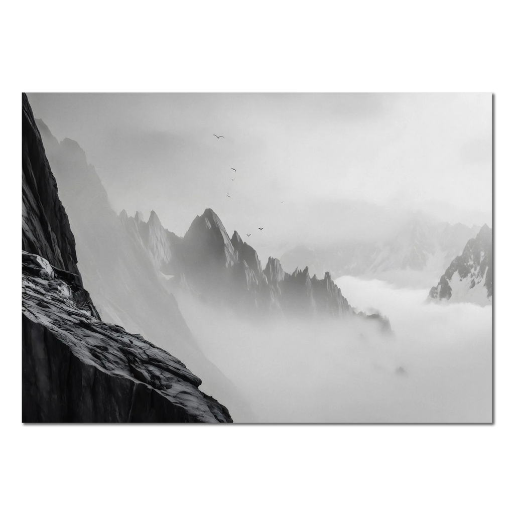 Above the Clouds – Alu-Dibond wall art capturing alpine peaks and mist for serene home decor.