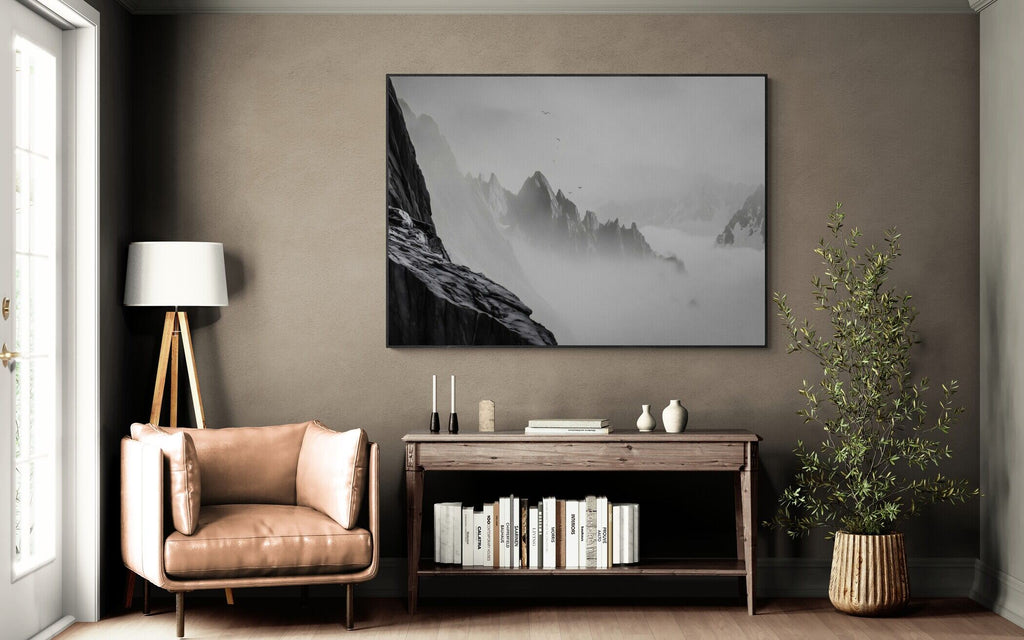 Above the Clouds – Alu-Dibond wall art displayed in a cozy living room setting, enhancing the tranquil atmosphere.