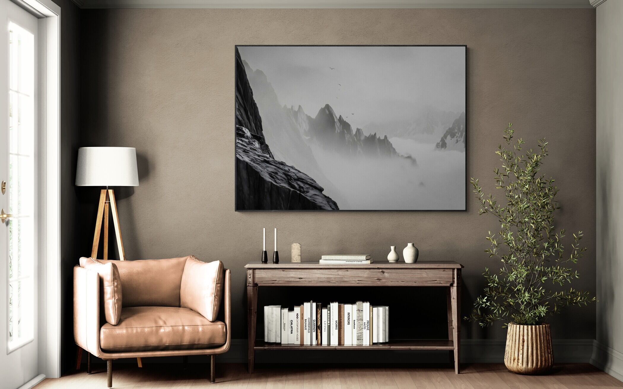 Above the Clouds – Alu-Dibond wall art displayed in a cozy living room setting, enhancing the tranquil atmosphere.