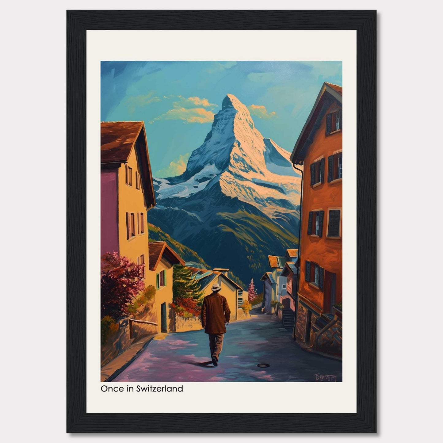 This beautiful painting captures a serene Swiss village with the majestic Matterhorn mountain in the background. The scene features charming houses, a lone figure walking down the street, vibrant foliage, and a clear blue sky.