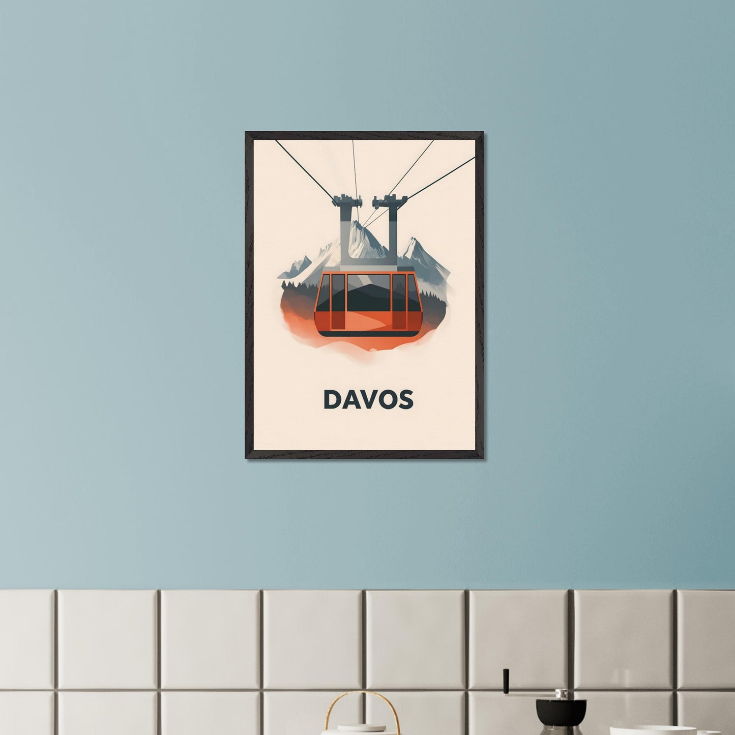 This striking travel poster showcases Davos, a world-renowned alpine destination, in a sleek and minimalist style. The stylized mountain peaks and crisp, modern aesthetic reflect the resort’s prestige as a hub for winter sports and elite gatherings. The cool tones and refined composition create a sense of sophistication and adventure.