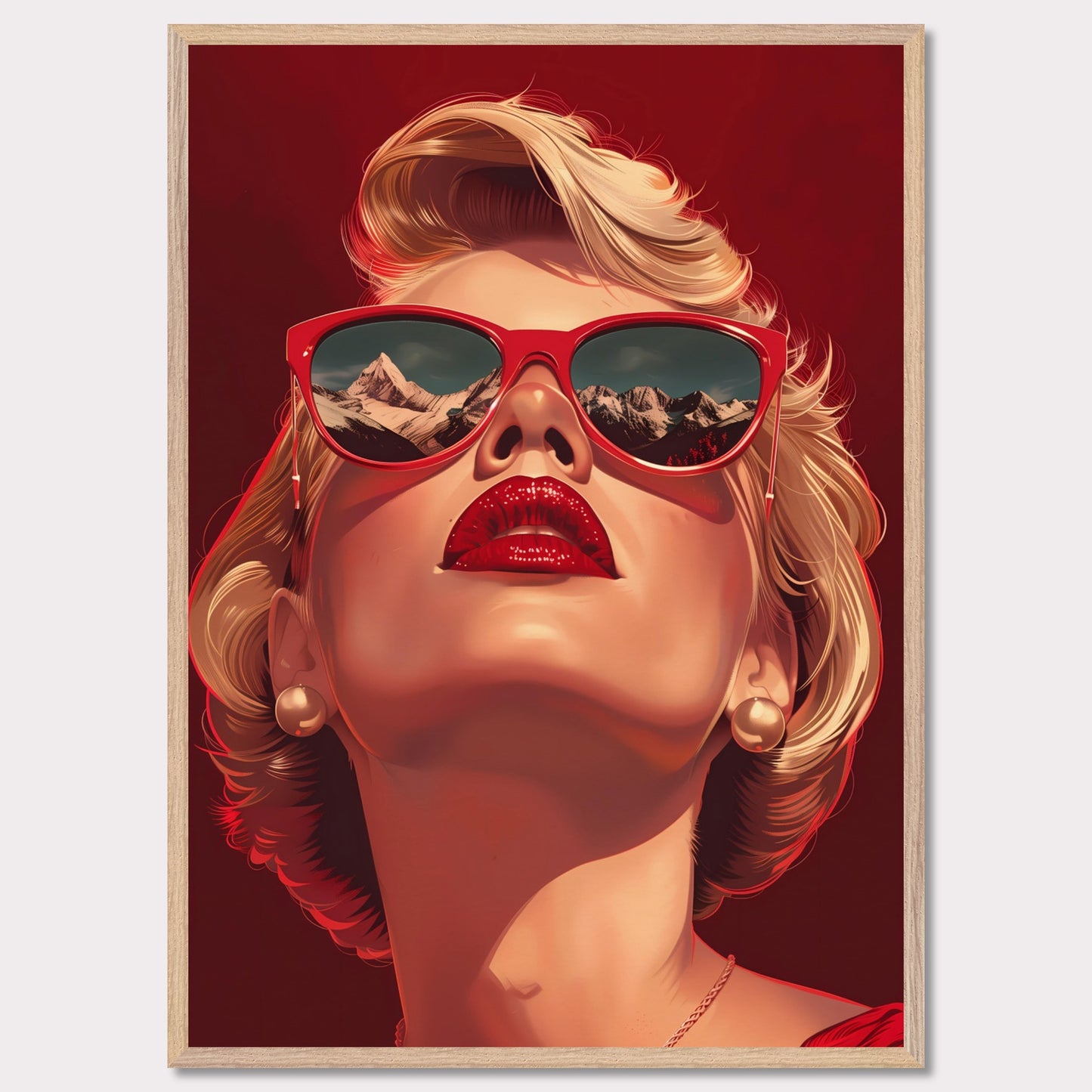 This striking artwork features a glamorous woman with blonde hair, wearing bold red sunglasses that reflect a stunning mountain landscape. Her vibrant red lips and pearl earrings add to the sophisticated and stylish aura of the piece.