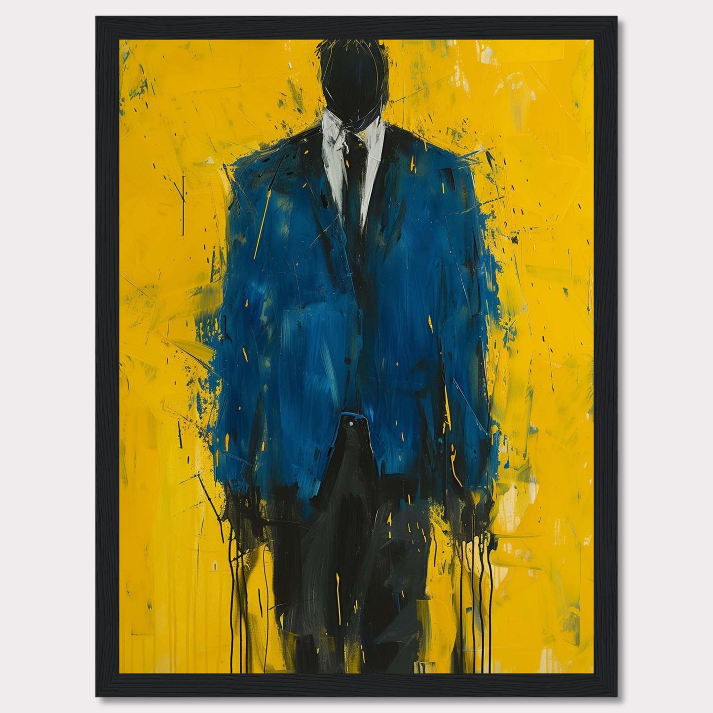 This striking painting features a faceless figure in a blue suit against a vibrant yellow background. The abstract style and bold colors create a powerful visual impact.