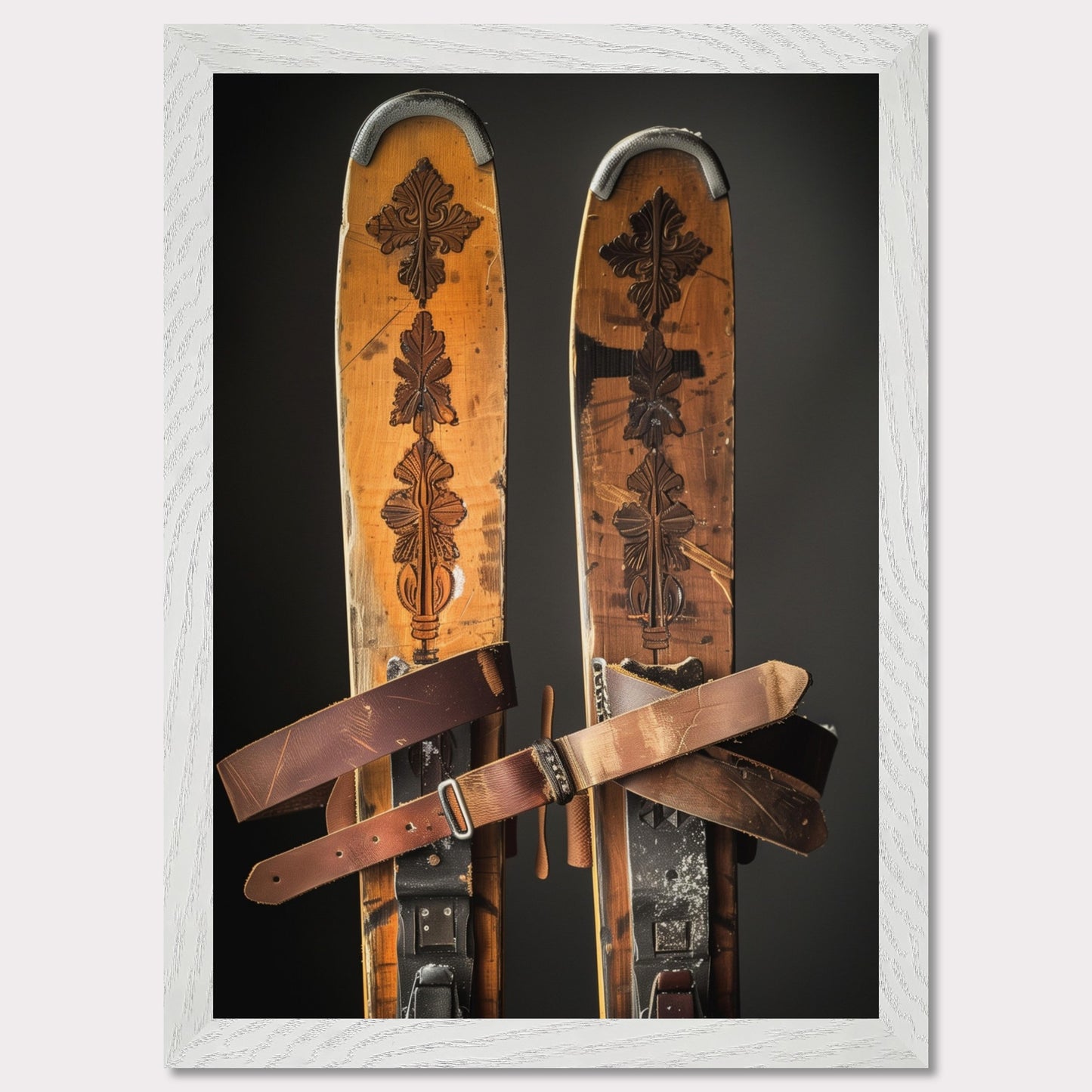 Immerse yourself in the nostalgia of winter sports with this captivating image of vintage wooden skis. These beautifully crafted skis feature intricate carvings and sturdy leather bindings, showcasing the elegance and durability of traditional ski equipment. The worn texture tells a story of countless adventures on snowy slopes. Perfect for ski enthusiasts and lovers of vintage decor alike.