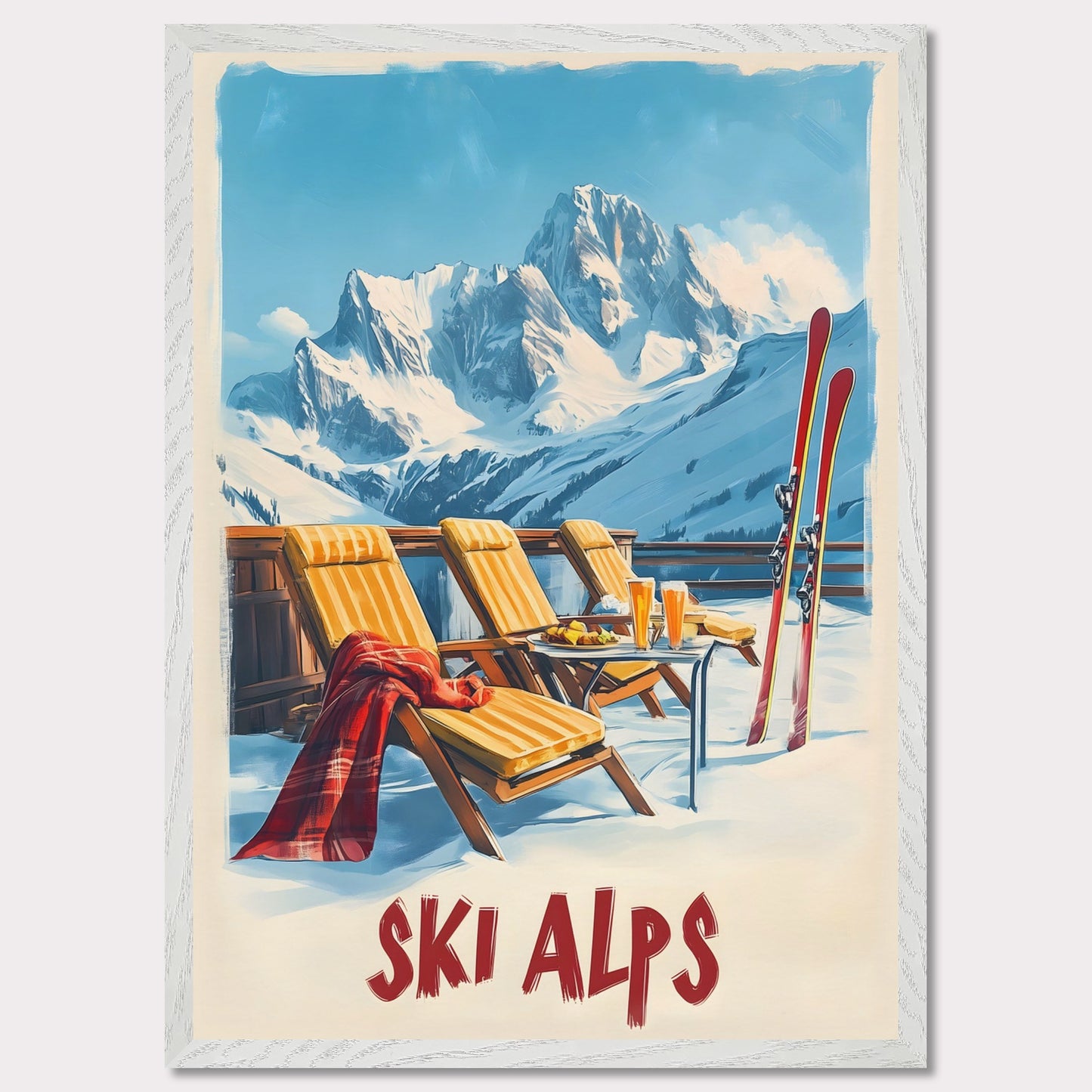 This vibrant poster captures the joy of a sunlit winter day in the Alps. Relaxation takes center stage with inviting lounge chairs draped in cozy blankets, complemented by refreshing beverages and a mountain backdrop that stretches into the clear blue sky.