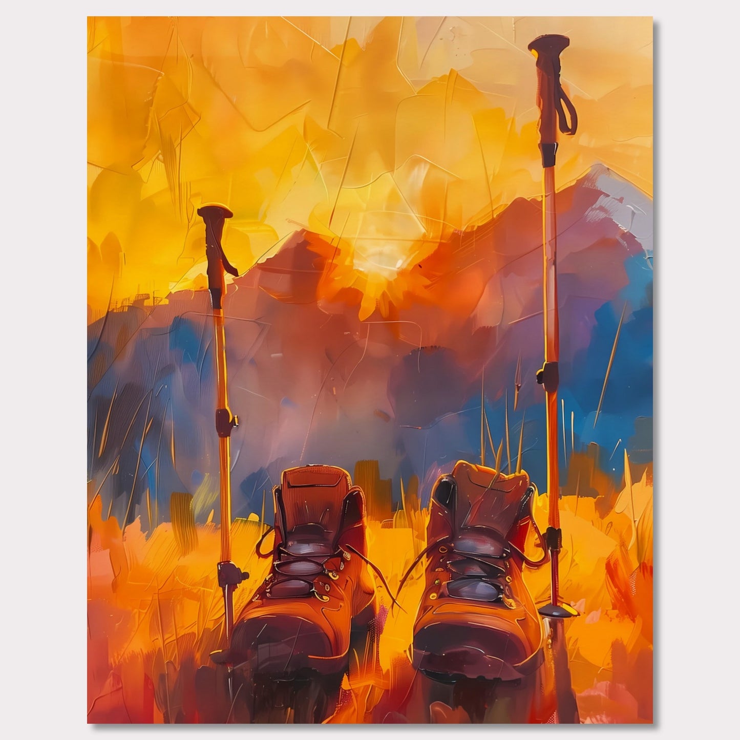 This illustration depicts a pair of hiking boots and trekking poles set against a vibrant, abstract background of mountains and a sunset.