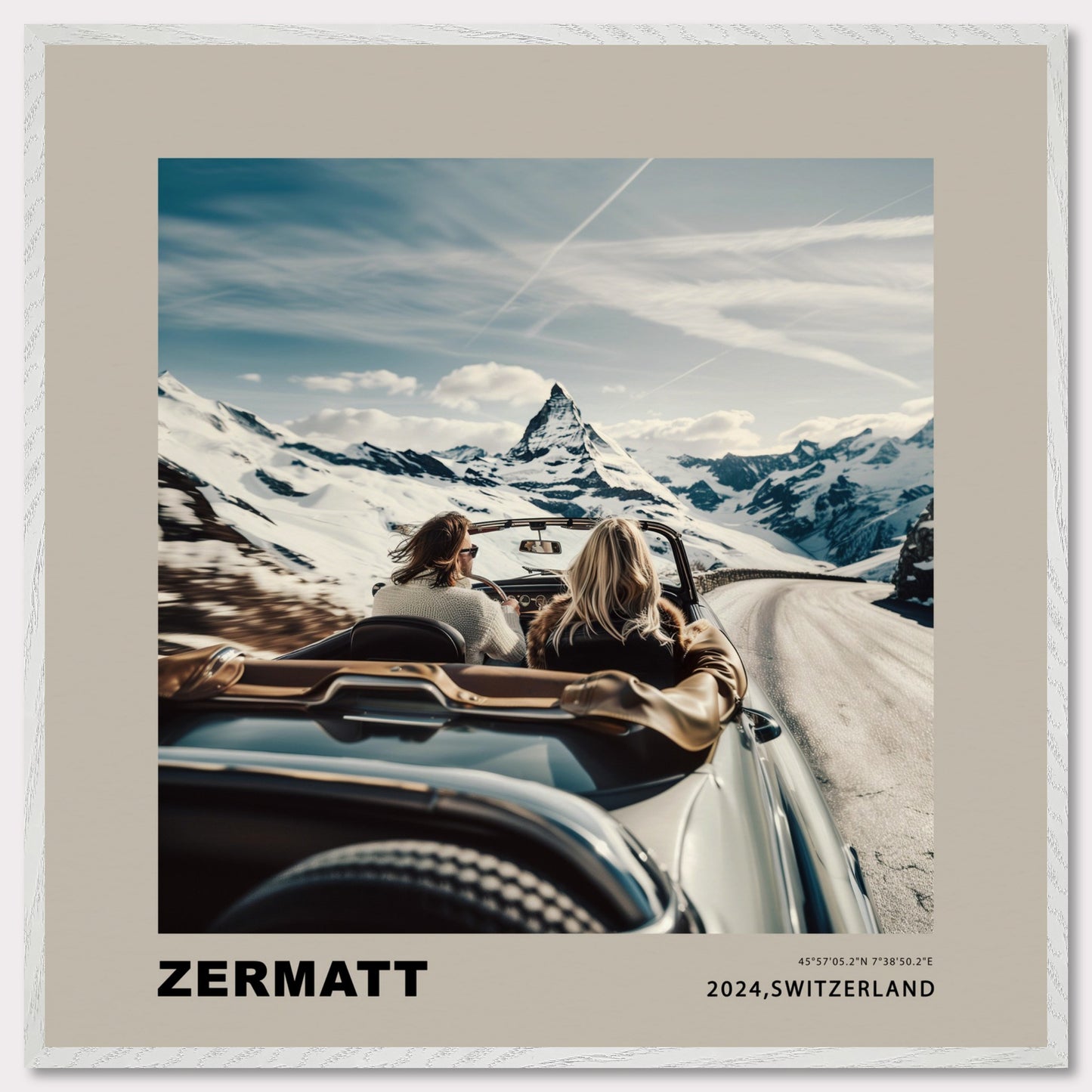 Experience the thrill of a scenic drive through the snowy mountains of Zermatt, Switzerland. This captivating image showcases two adventurers in a convertible, with the iconic Matterhorn standing majestically in the background.