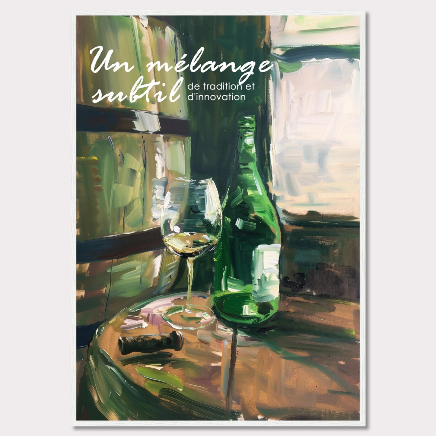 This image showcases a beautifully painted scene of a wine bottle and glass on a wooden table, evoking a sense of sophistication and elegance. The text on the image reads "Un mélange subtil de tradition et d'innovation," which translates to "A subtle blend of tradition and innovation."