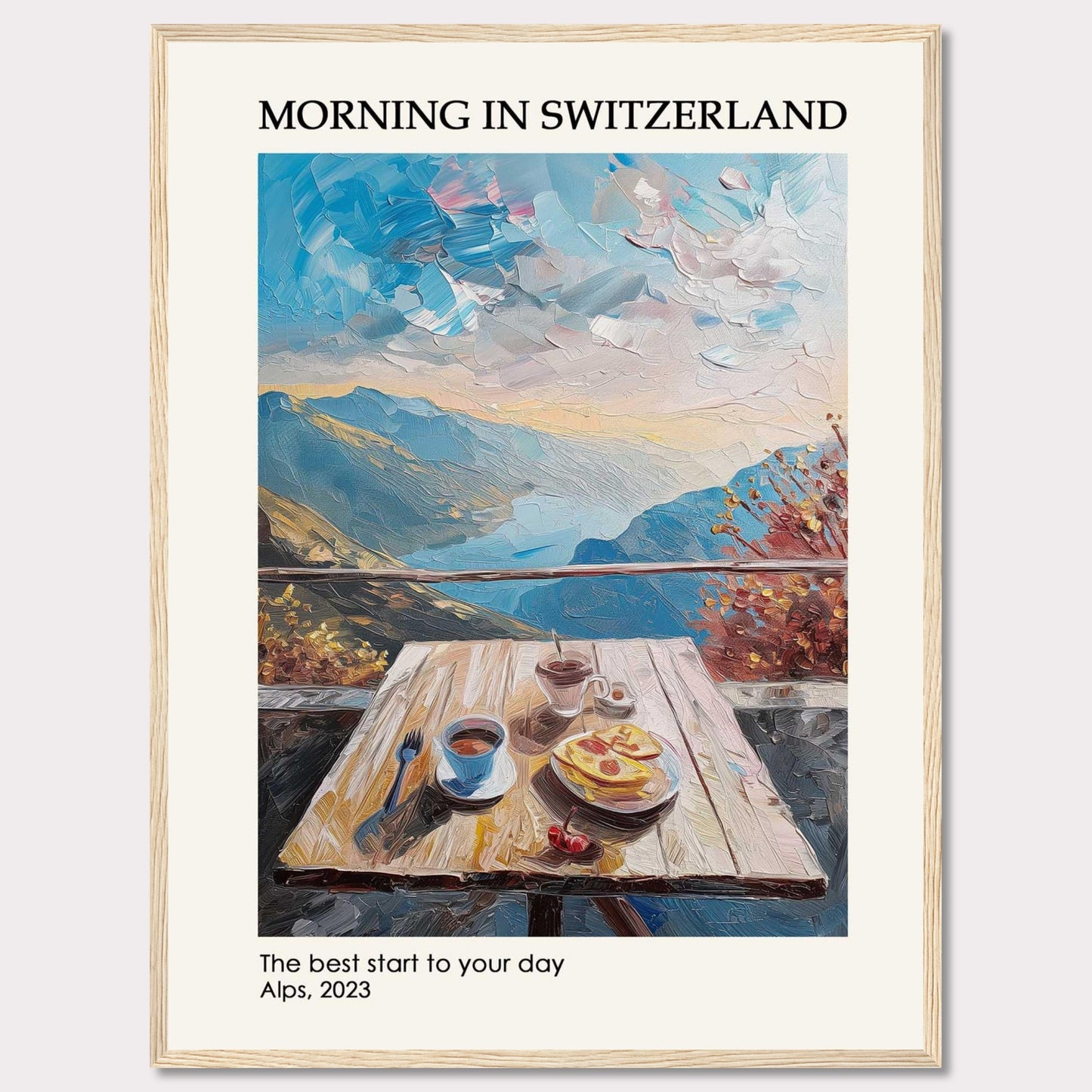 A serene morning in the Swiss Alps is depicted in this beautiful painting. The image showcases a wooden table set with a delightful breakfast, including coffee and pastries, against the backdrop of majestic mountains and a vibrant sky.