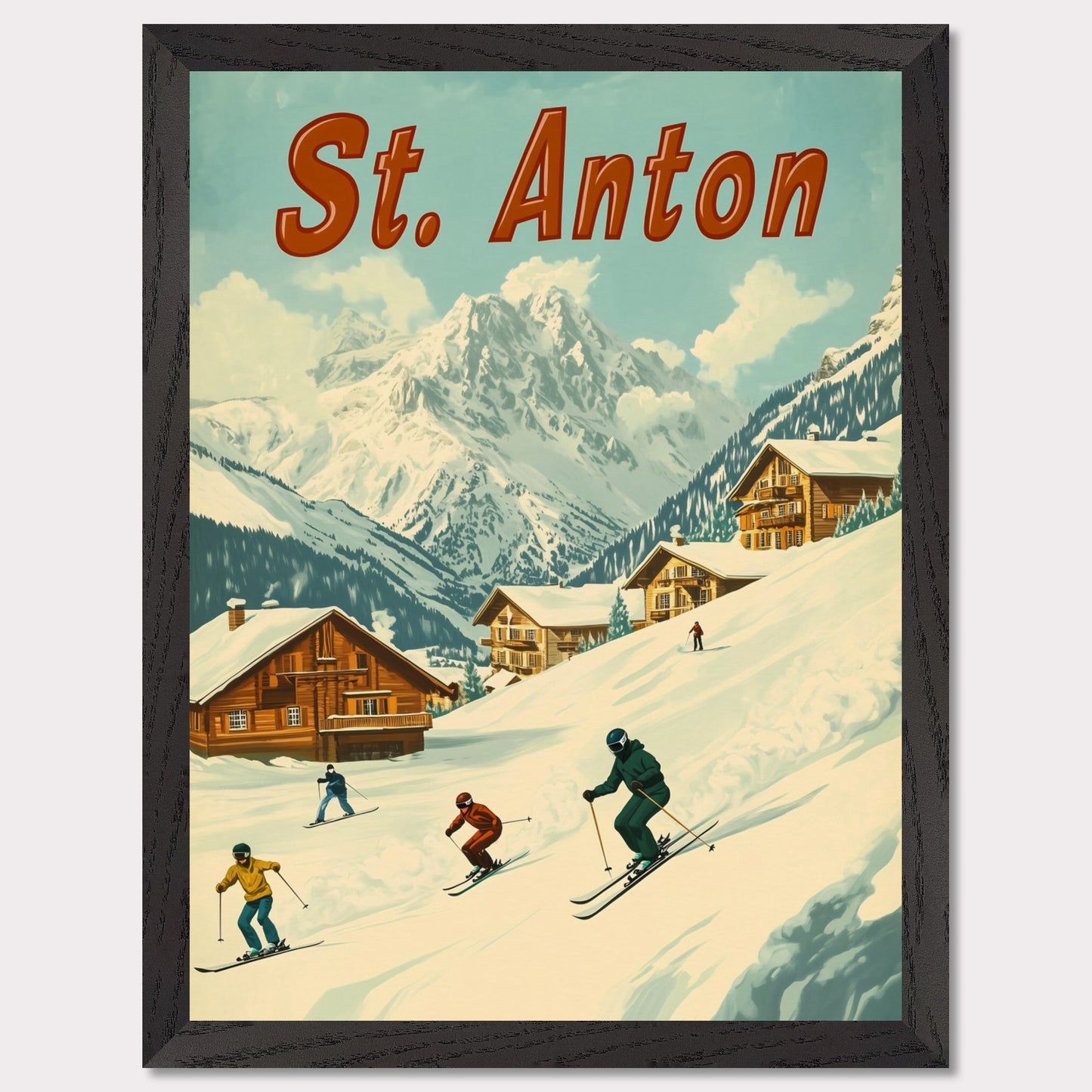 This vibrant retro-style poster captures the thrilling energy of skiing in St. Anton. The scene depicts skiers carving down the slopes, with picturesque alpine chalets nestled in the snow-covered hills and the majestic mountains towering in the background. The warm tones of the sky and the clean, crisp snow evoke the exhilarating experience of a winter sports haven. The bold retro typography adds a touch of nostalgia, perfectly highlighting the charm and adventure of St. Anton.