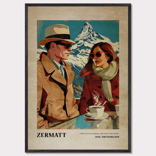 This vintage-style poster depicts a stylish couple enjoying coffee with a snowy mountain backdrop in Zermatt, Switzerland.