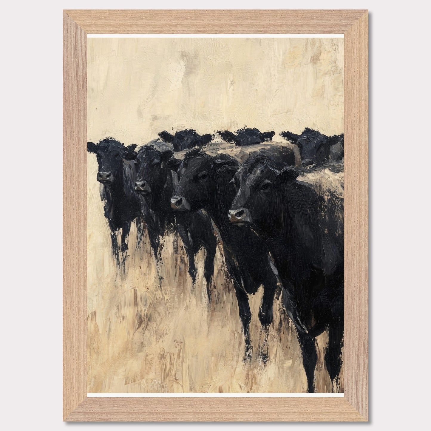 This captivating painting depicts a group of black cows standing together, evoking a sense of unity and strength. The textured brushstrokes and neutral background create a striking contrast, highlighting the animals' dark forms.