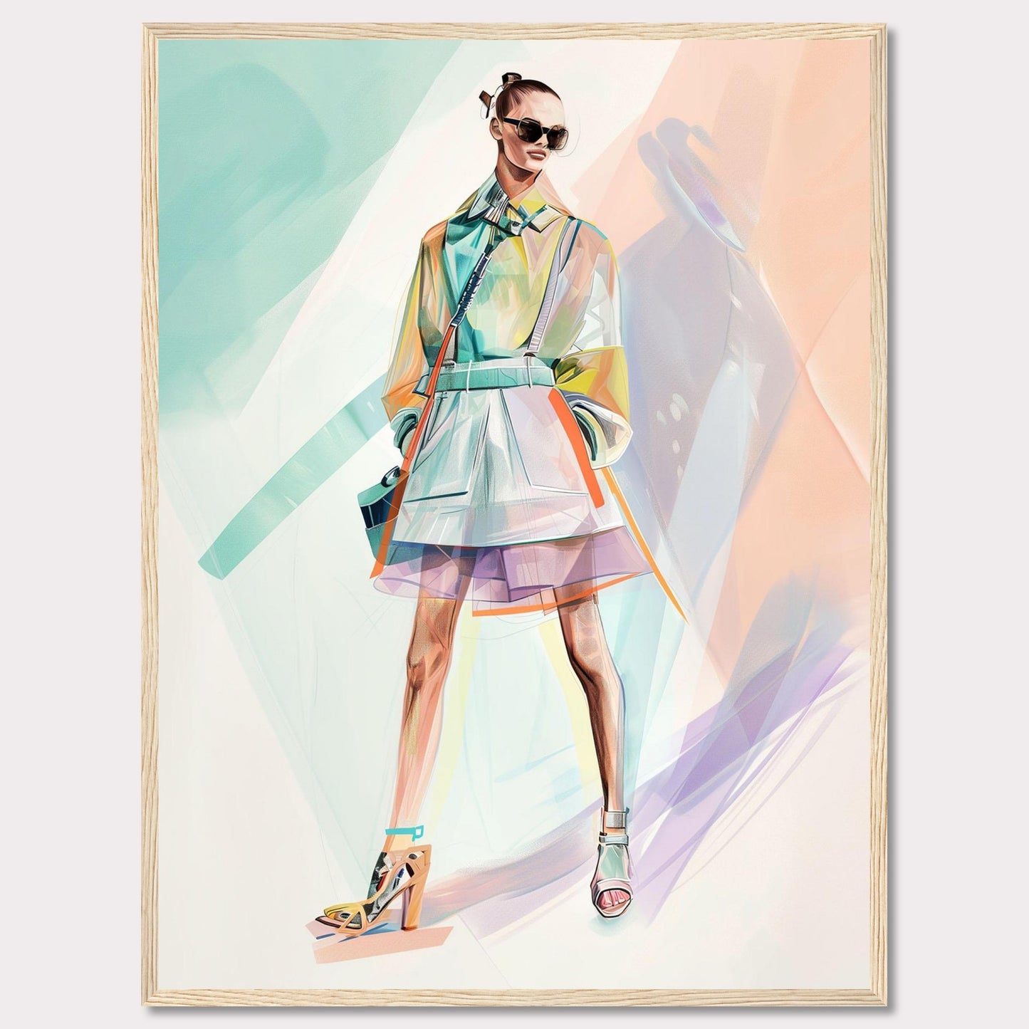 This stunning artwork features a stylish figure in a vibrant, modern outfit. The person is wearing a colorful, translucent coat over a layered skirt, with high-fashion heels and chic sunglasses. The background is an abstract blend of pastel colors, enhancing the fashionable vibe.