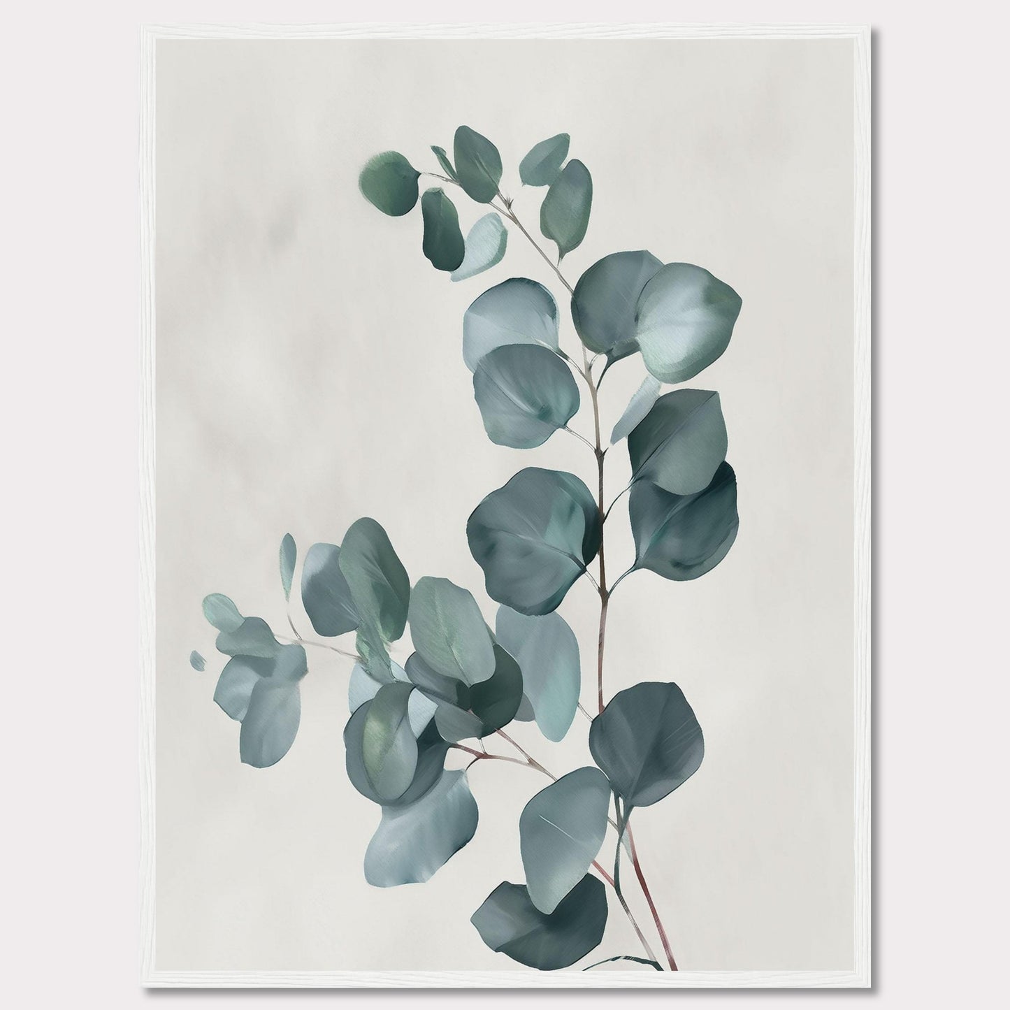 This image showcases a minimalist botanical artwork featuring eucalyptus leaves. The leaves are painted in soft, muted green tones against a light background, creating a serene and calming effect.