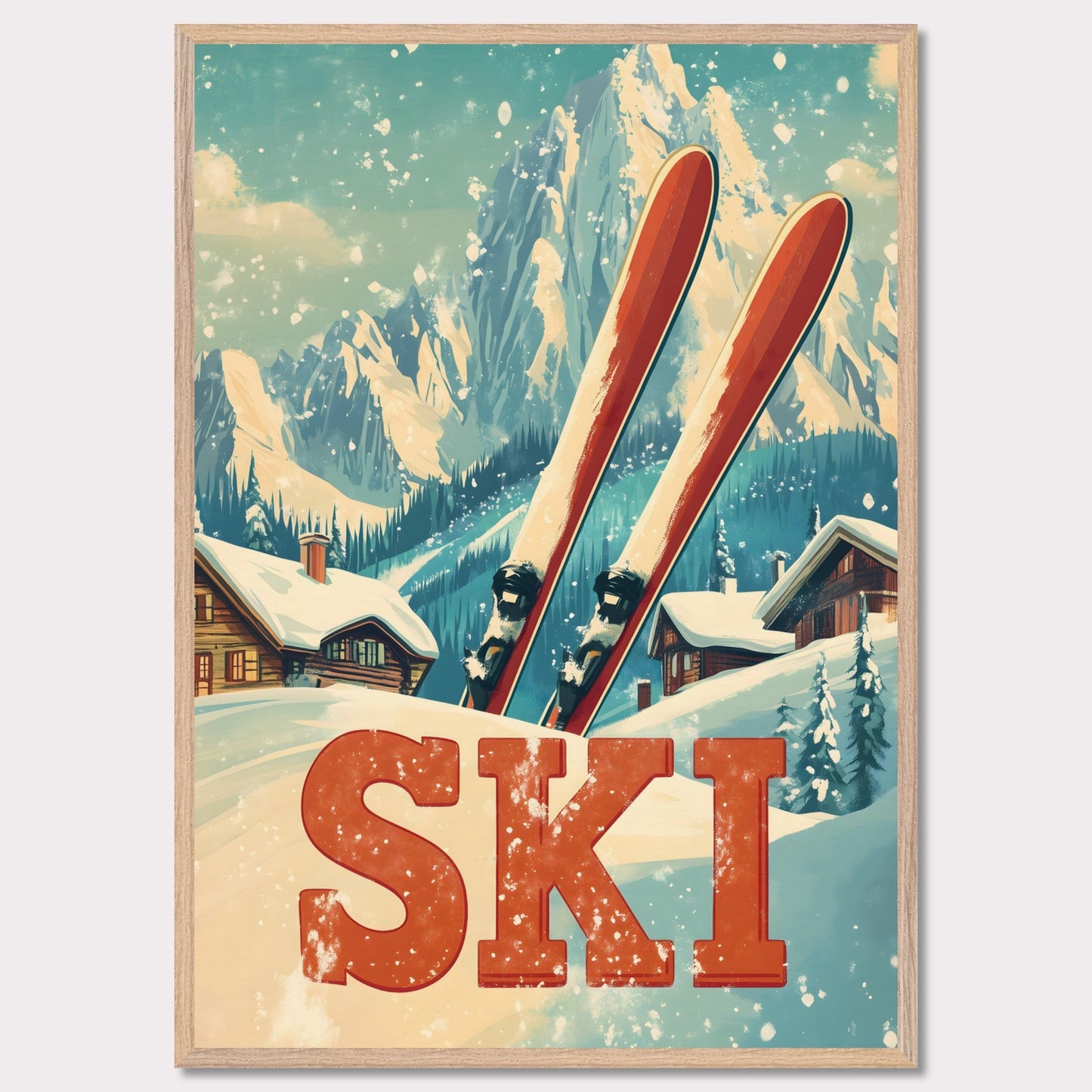 This captivating poster evokes the thrill of retro skiing with its vibrant and colorful design. Featuring a vintage-inspired skier mid-descent against a backdrop of majestic alpine peaks, it captures the essence of a bygone era of adventure. The dynamic composition and bold colors transport viewers to the golden age of skiing, making it an instant eye-catcher.