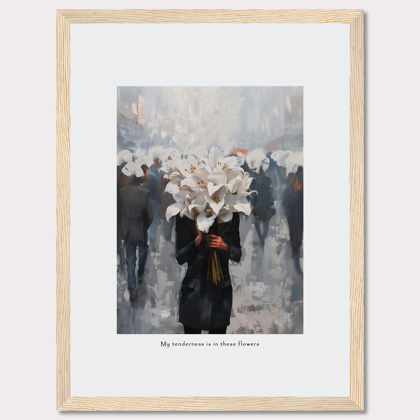 This artwork features a person holding a large bouquet of white lilies in a bustling, blurred cityscape. The image conveys a sense of serenity amidst the chaos. Below the image, the text reads, "My tenderness is in these flowers."