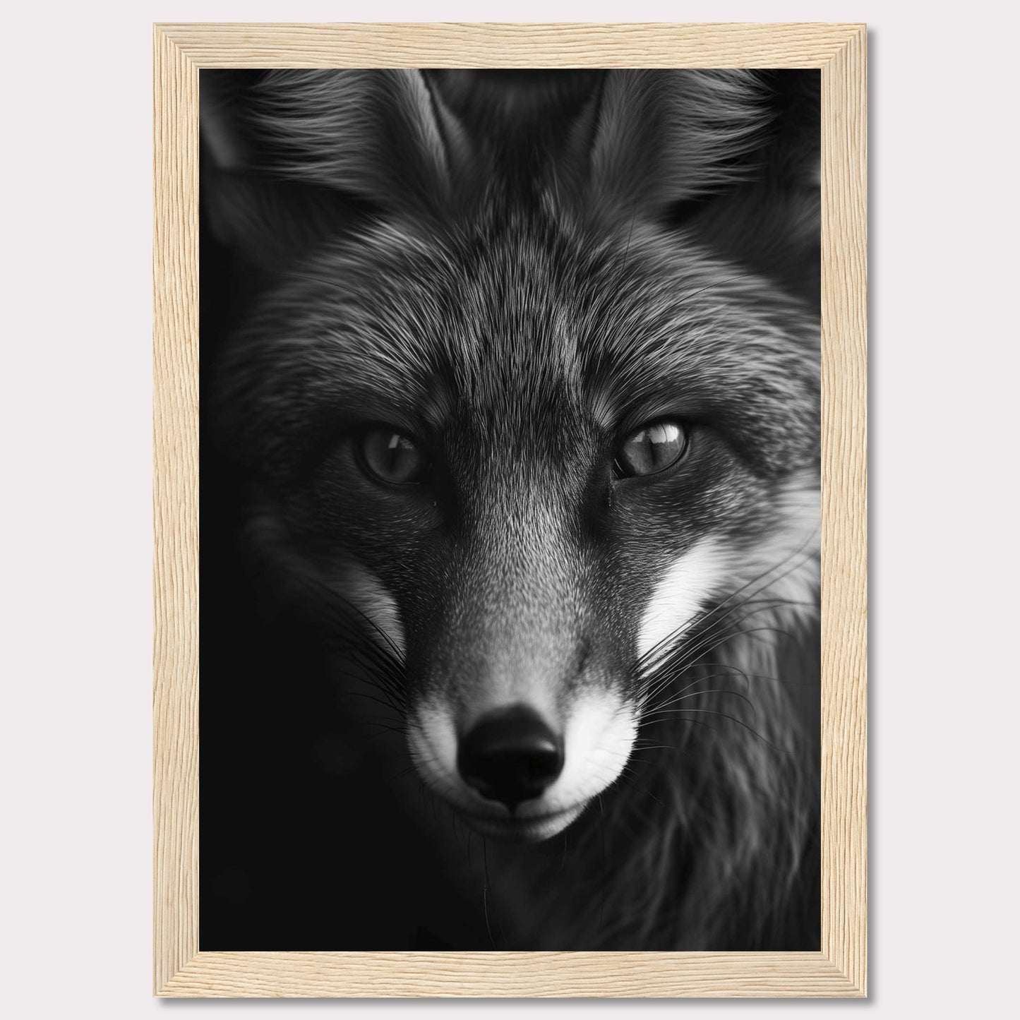 This striking black and white portrait captures the intense gaze of a fox, showcasing its majestic and enigmatic beauty. The detailed fur texture and sharp eyes draw you into the wild essence of this captivating creature.