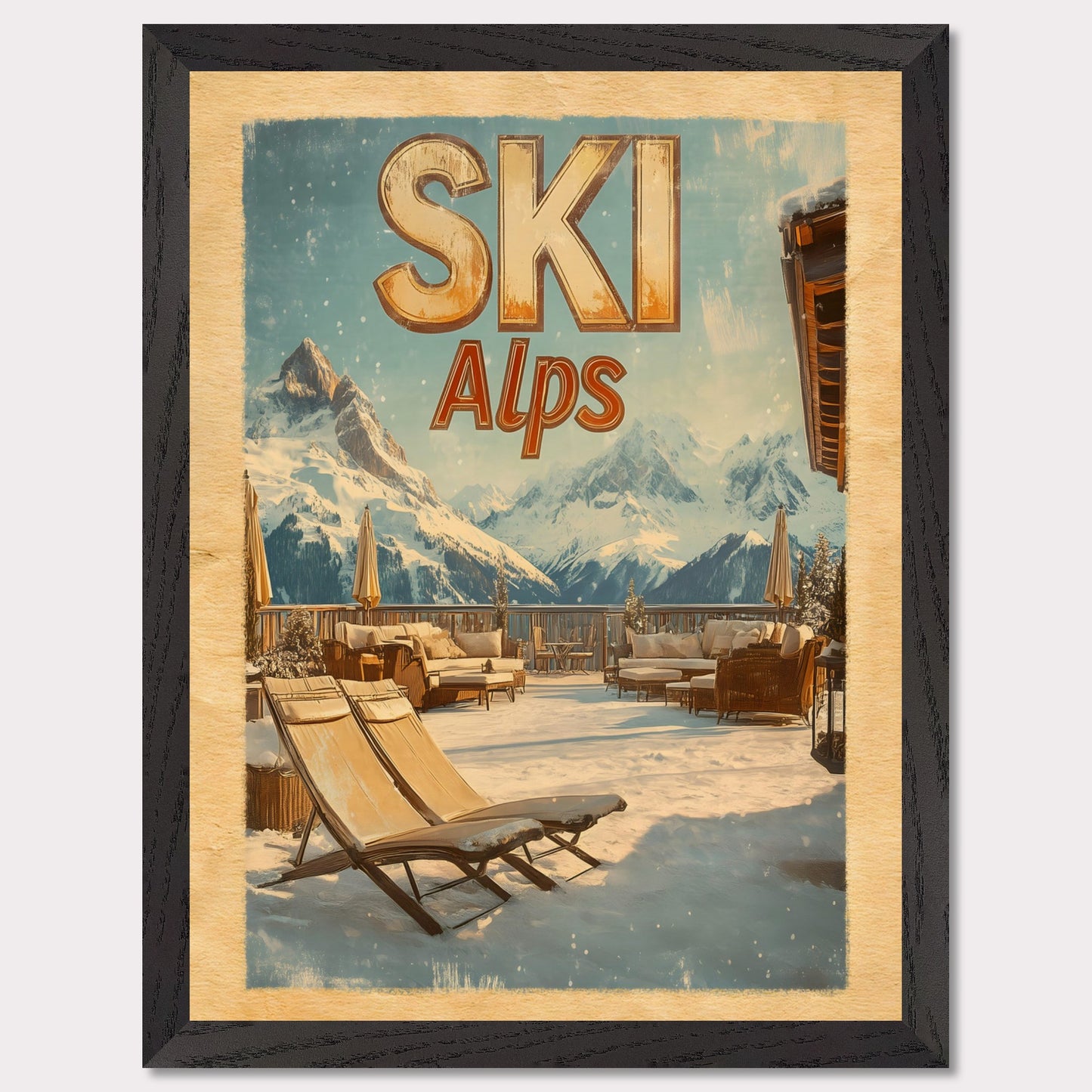 This captivating poster presents a luxurious alpine terrace overlooking majestic snowy peaks. The cozy lounge chairs, wooden railings, and soft golden light create an inviting winter escape. The serene atmosphere and breathtaking views evoke a sense of tranquility and connection to nature.