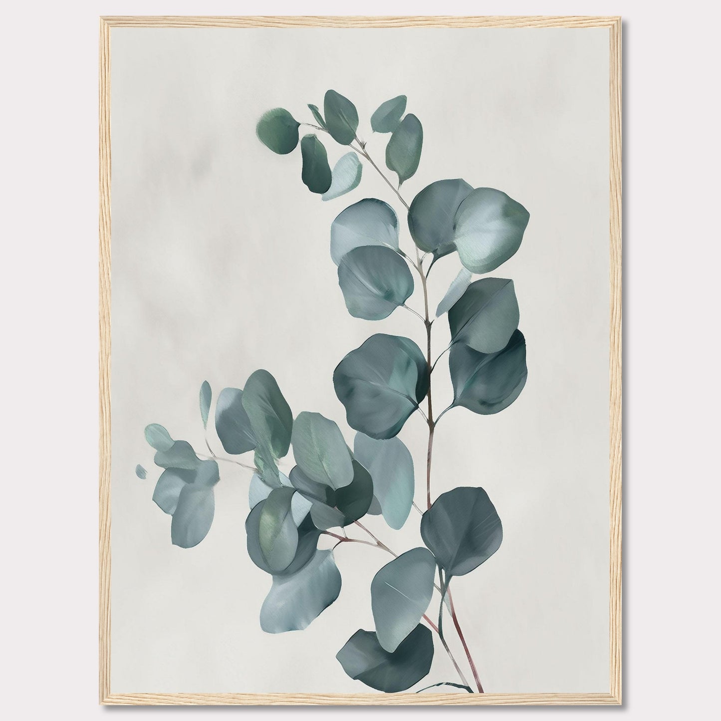 This image showcases a minimalist botanical artwork featuring eucalyptus leaves. The leaves are painted in soft, muted green tones against a light background, creating a serene and calming effect.