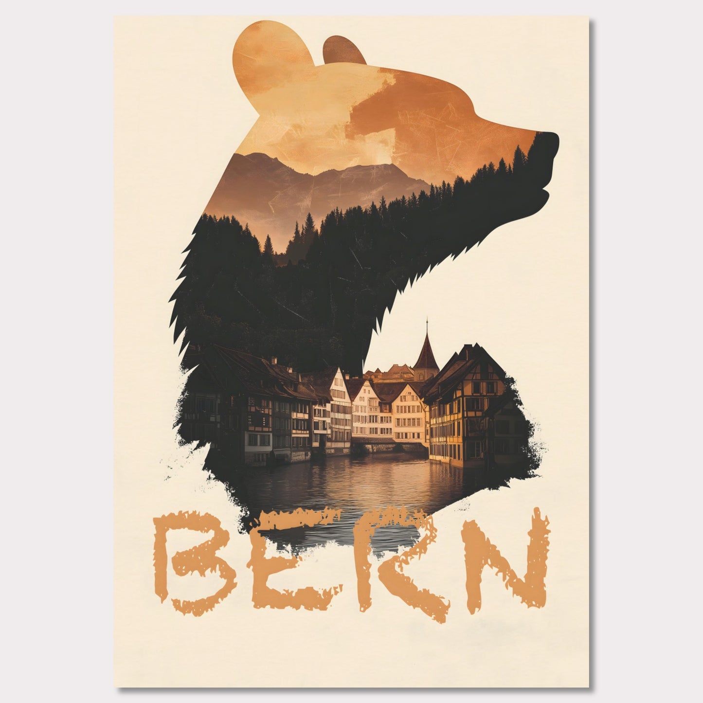 A captivating travel poster that merges Bern’s iconic bear symbol with the city’s historic charm. The silhouette of the bear contains a stunning landscape of alpine forests and traditional Swiss architecture, reflecting the city's rich heritage.