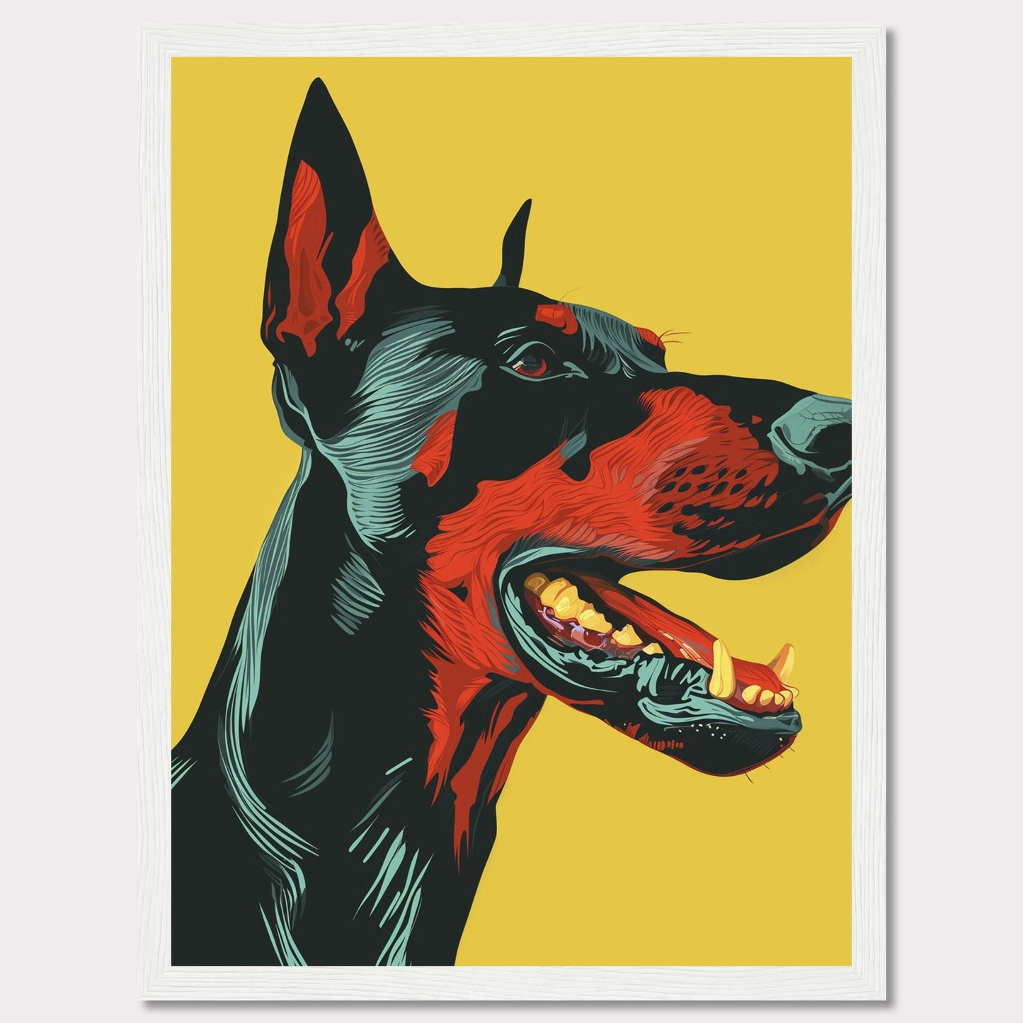 This vibrant artwork features a striking, stylized portrait of a Doberman against a bold yellow background. The detailed illustration showcases the dog's fierce expression with vivid red and black hues, emphasizing its strong and dynamic presence. The piece is framed in a sleek black border, enhancing its modern aesthetic.