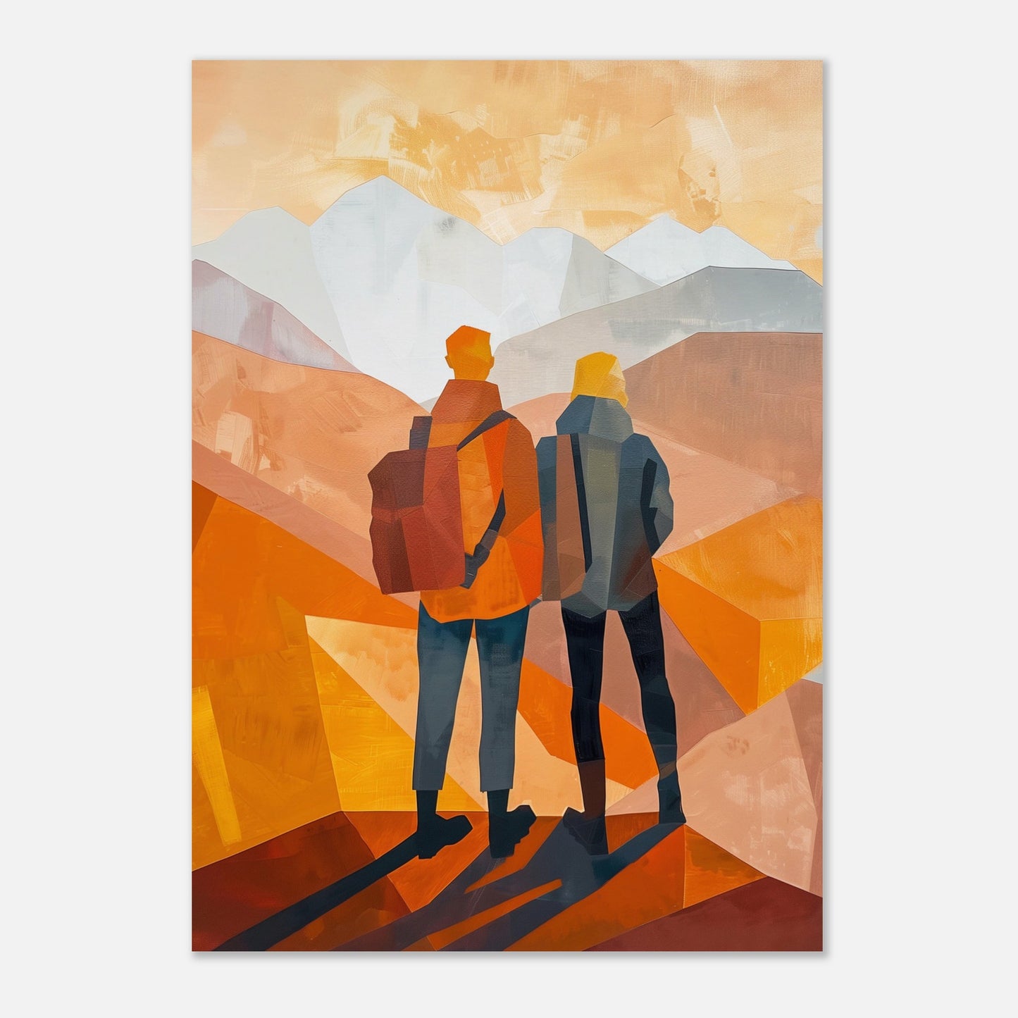 This illustration depicts two figures standing side by side, gazing at a mountainous landscape.