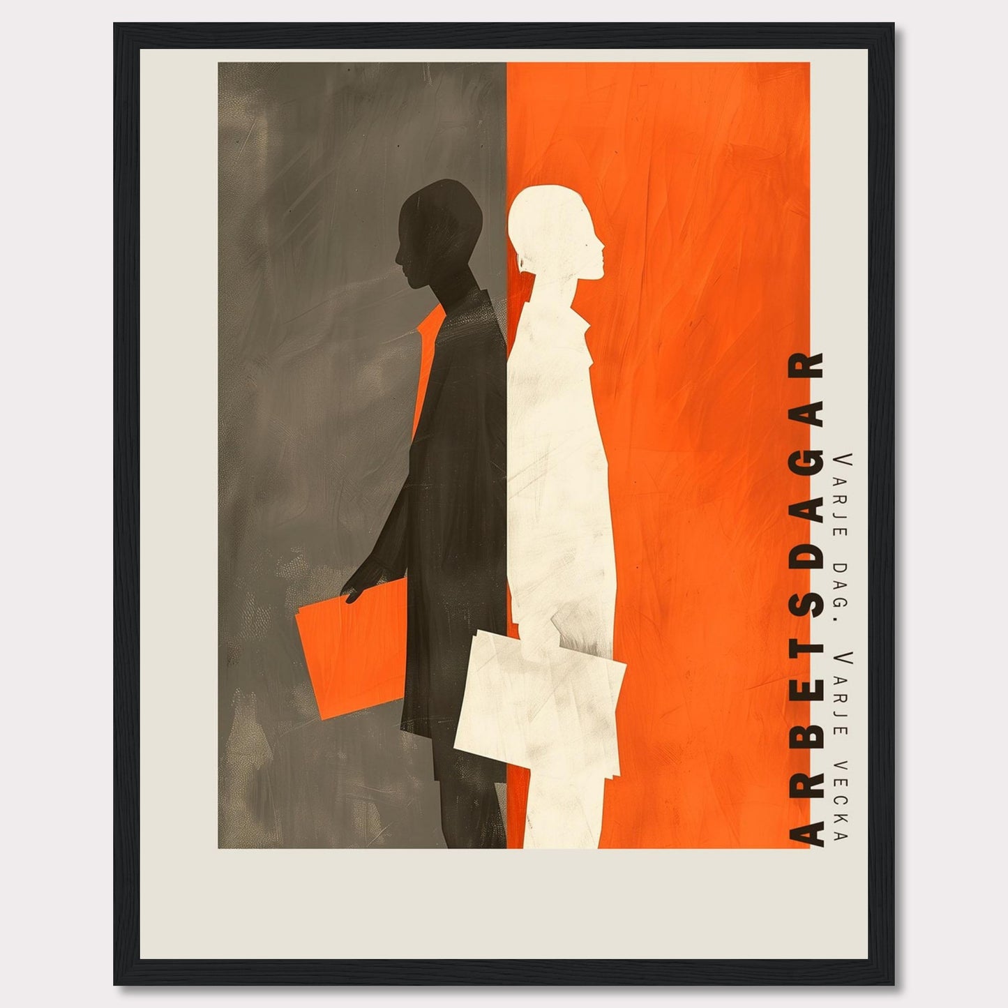 This striking artwork features two silhouetted figures, one in black and the other in white, standing back-to-back against a divided background of gray and orange. Both figures are holding documents, symbolizing work or business activities. The text "ARBETSDAGAR" is prominently displayed vertically on the right side, accompanied by the phrase "VARJE DAG - VARJE VECKA" below it.