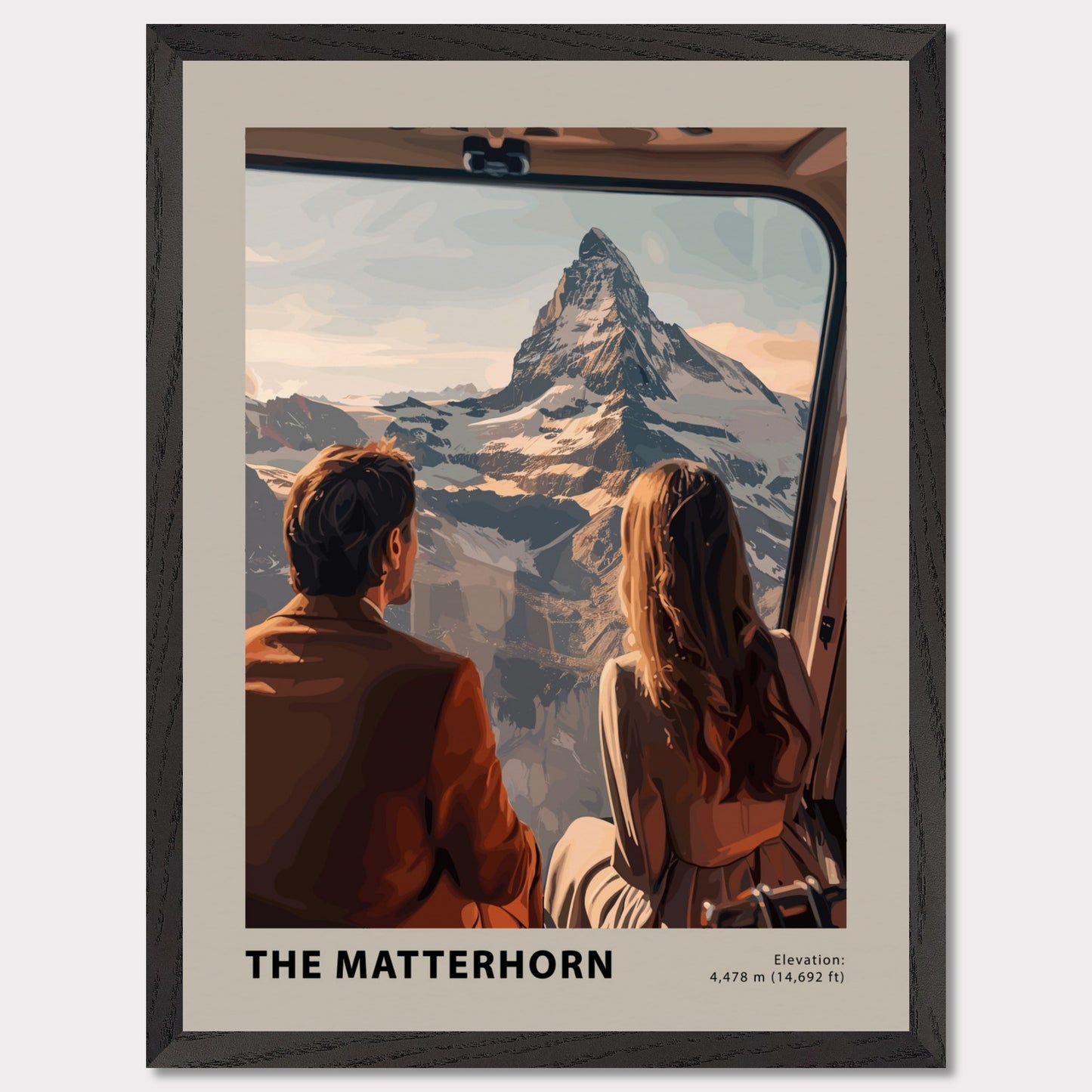 This image showcases a stunning view of the Matterhorn, with two individuals gazing at the majestic mountain from a window. The scene captures the awe-inspiring beauty of the snow-capped peak under a serene sky.