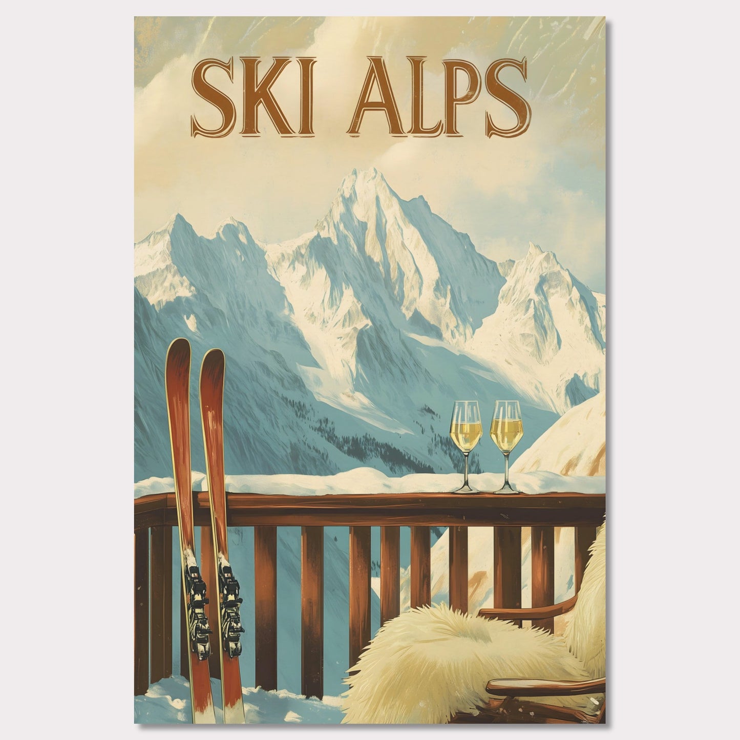 This soothing poster transports you to a tranquil alpine terrace with a breathtaking view of snow-covered peaks. A wooden chair draped in soft fur and paired with two glasses of sparkling wine sets the tone for a peaceful and intimate winter retreat.