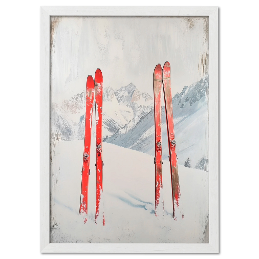 After active skiing - Poster featuring red skis on snowy mountain slope with soft light and peaceful alpine atmosphere.