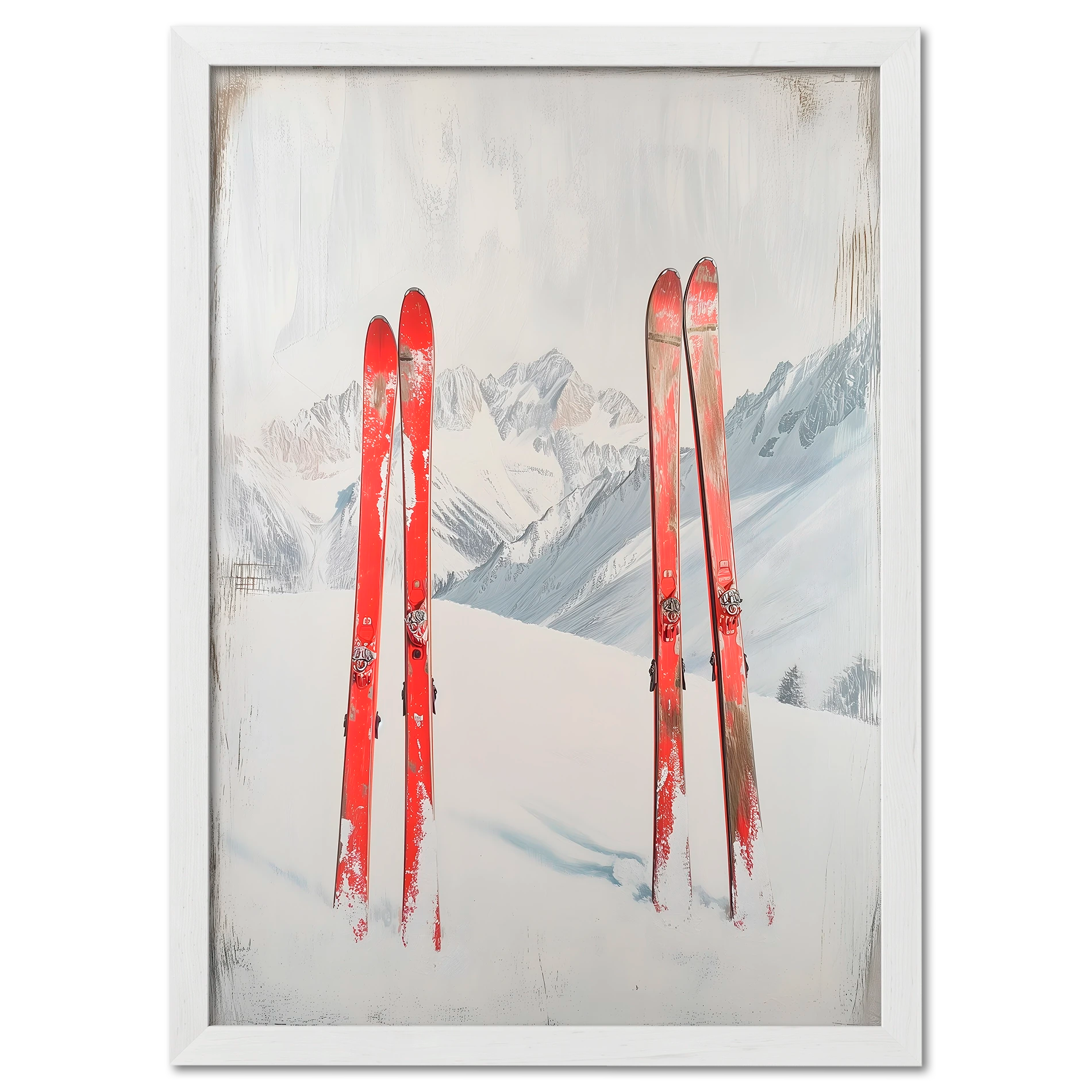 After active skiing - Poster featuring red skis on snowy mountain slope with soft light and peaceful alpine atmosphere.