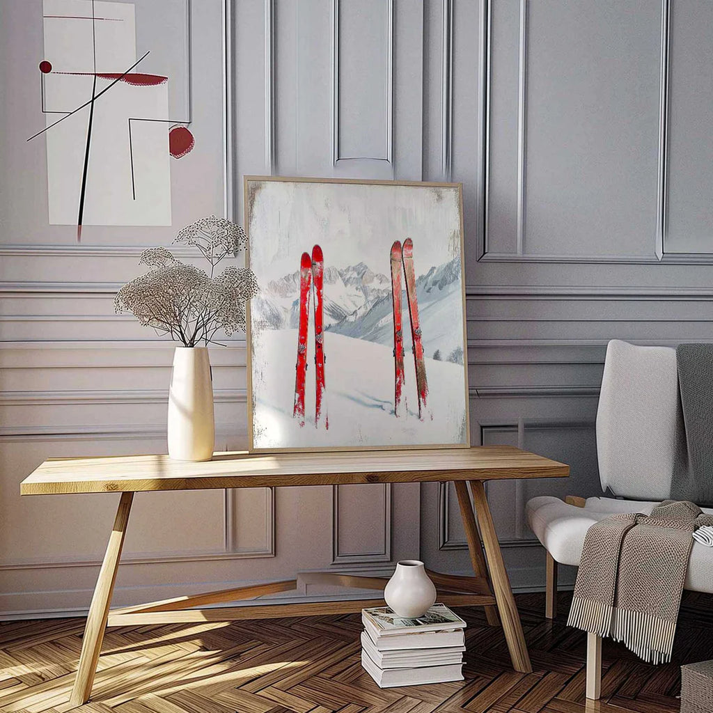 After active skiing - Poster showcasing red skis in snow, perfect wall art for modern minimalist interiors.