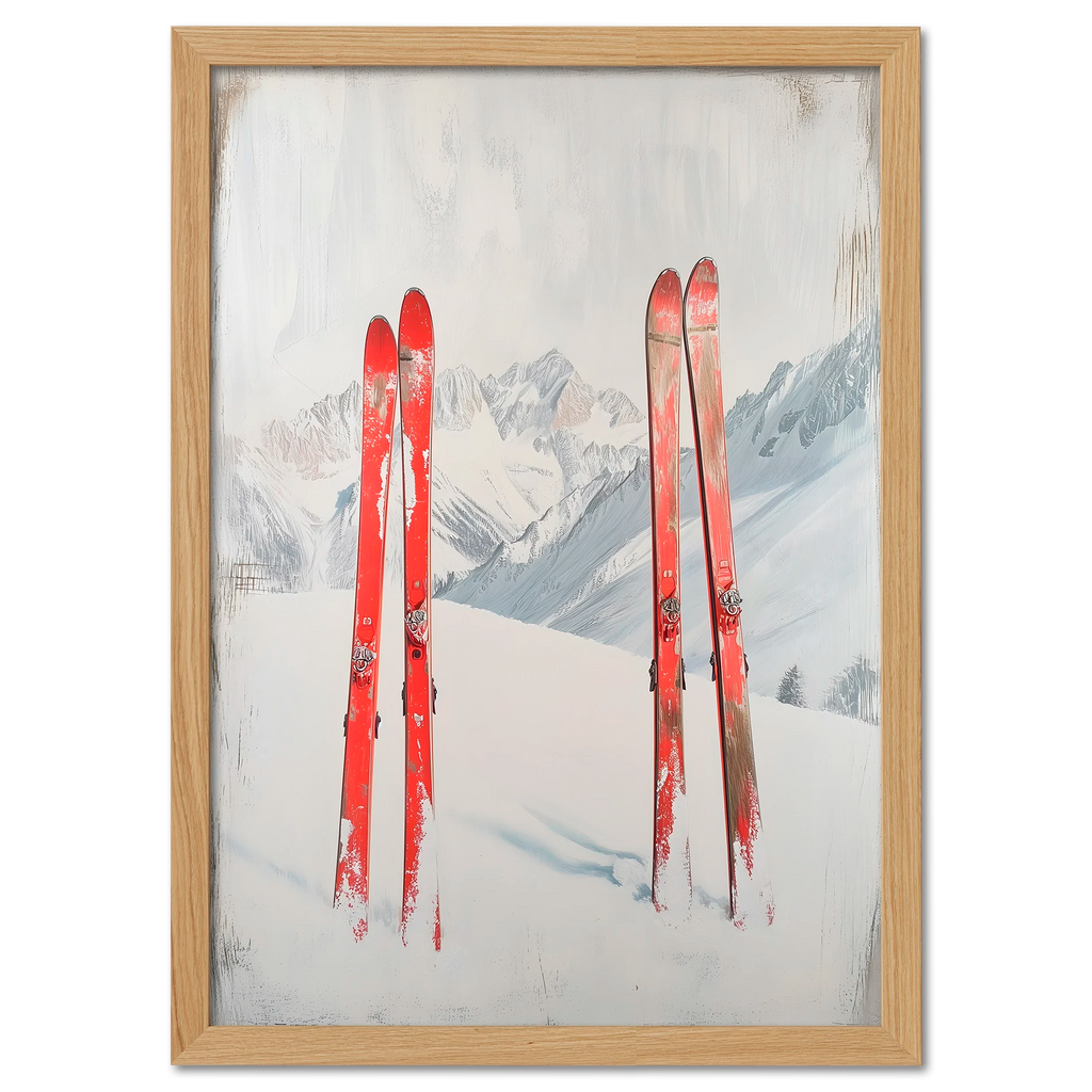 After active skiing - Poster featuring two pairs of red skis on fresh snow in a serene mountain landscape.