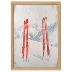 After active skiing - Poster featuring two pairs of red skis on fresh snow in a serene mountain landscape.