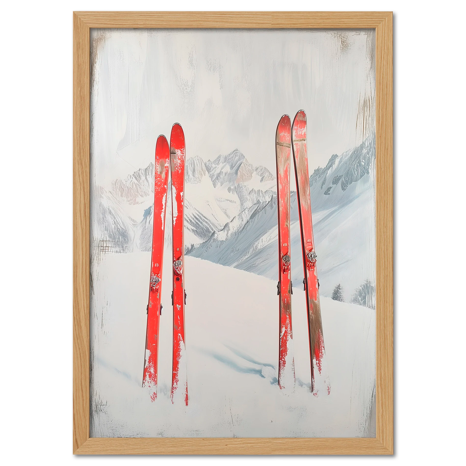 After active skiing - Poster featuring two pairs of red skis on fresh snow in a serene mountain landscape.