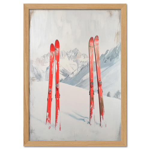 After active skiing - Poster featuring two pairs of red skis on fresh snow in a serene mountain landscape.