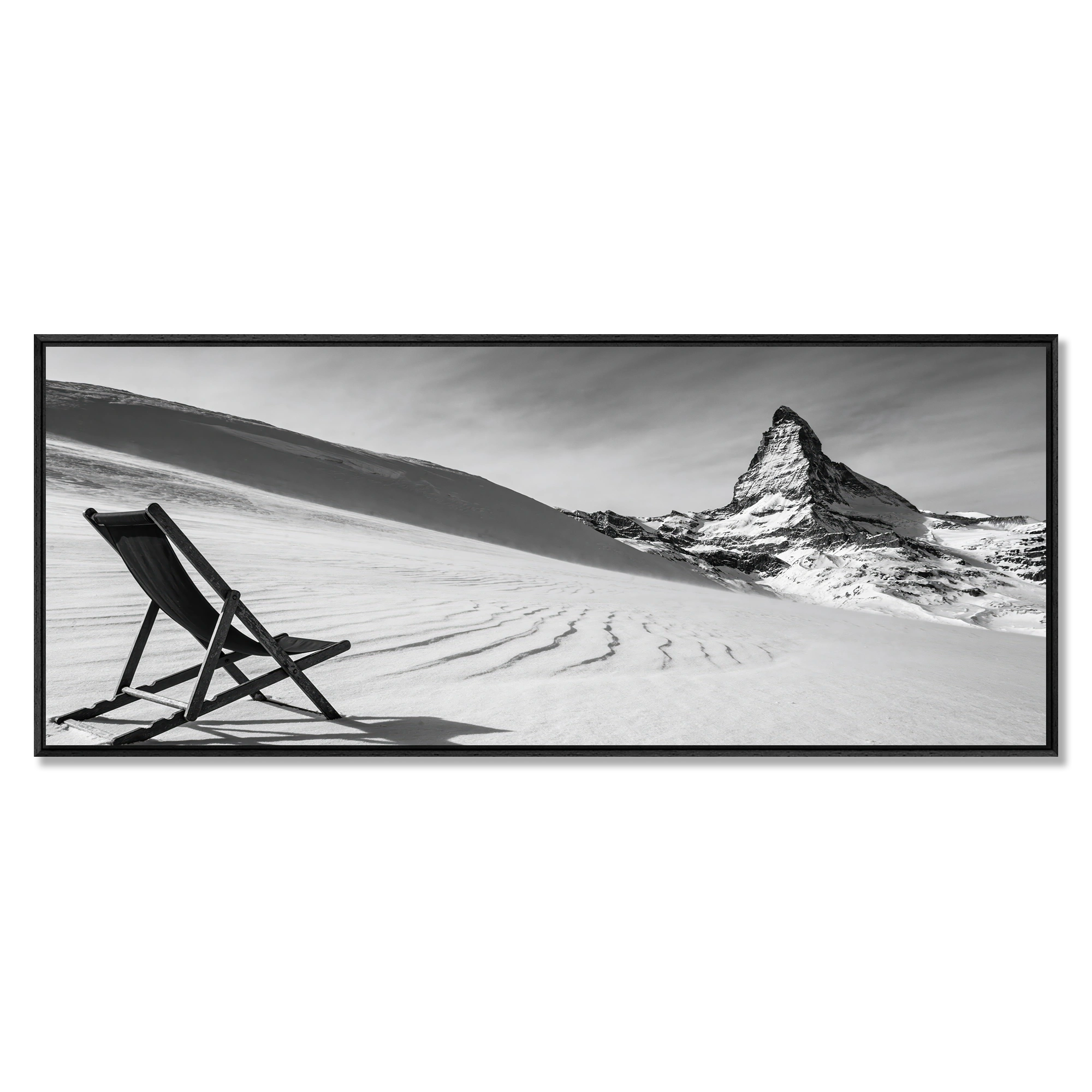 After the Descent, Matterhorn – Alu-Dibond wall art showing a deck chair on a snowy slope with the Matterhorn in the background.