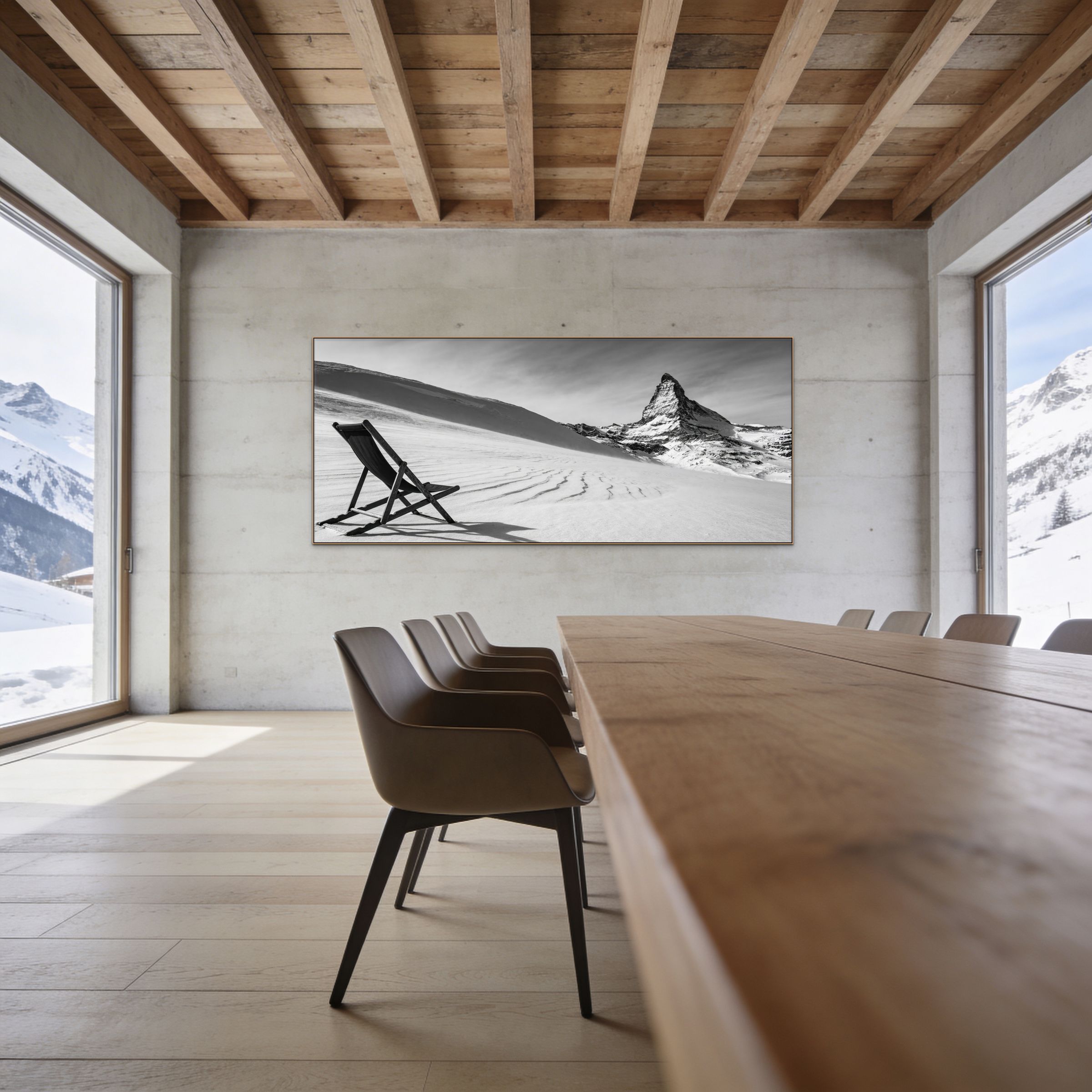 After the Descent, Matterhorn – Alu-Dibond wall art showcasing a deck chair and the Matterhorn in a serene alpine setting.