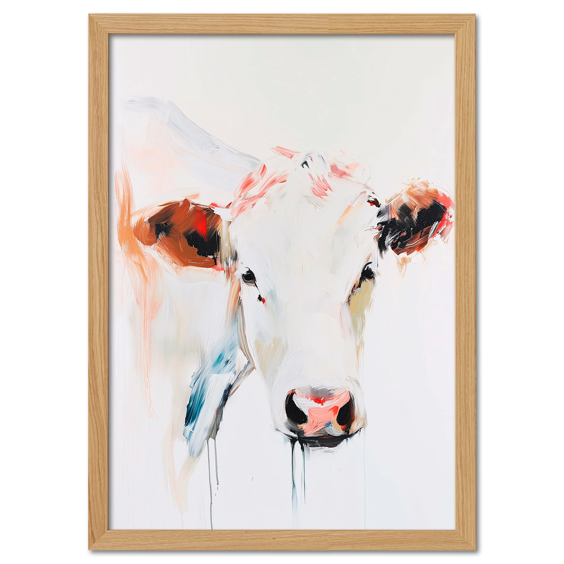 Albino Cow - Poster featuring a modern expressive portrait of a cow with a calm expression and bold brushstrokes.