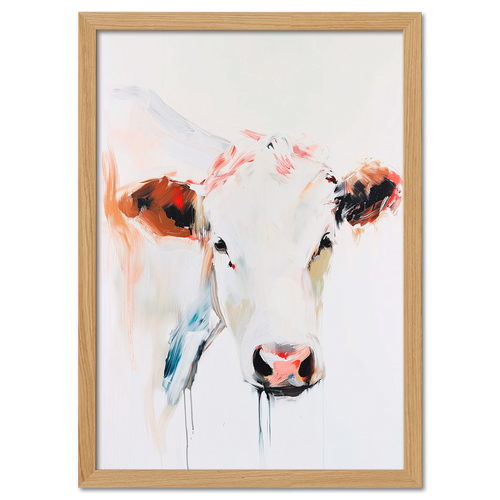 Albino Cow - Poster featuring a modern expressive portrait of a cow with a calm expression and bold brushstrokes.